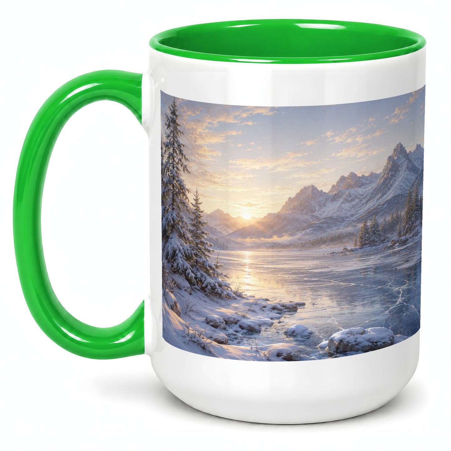 #pl[15oz|Green] Winter Mountain Sunrise Ceramic Mug, Frozen Lake Landscape