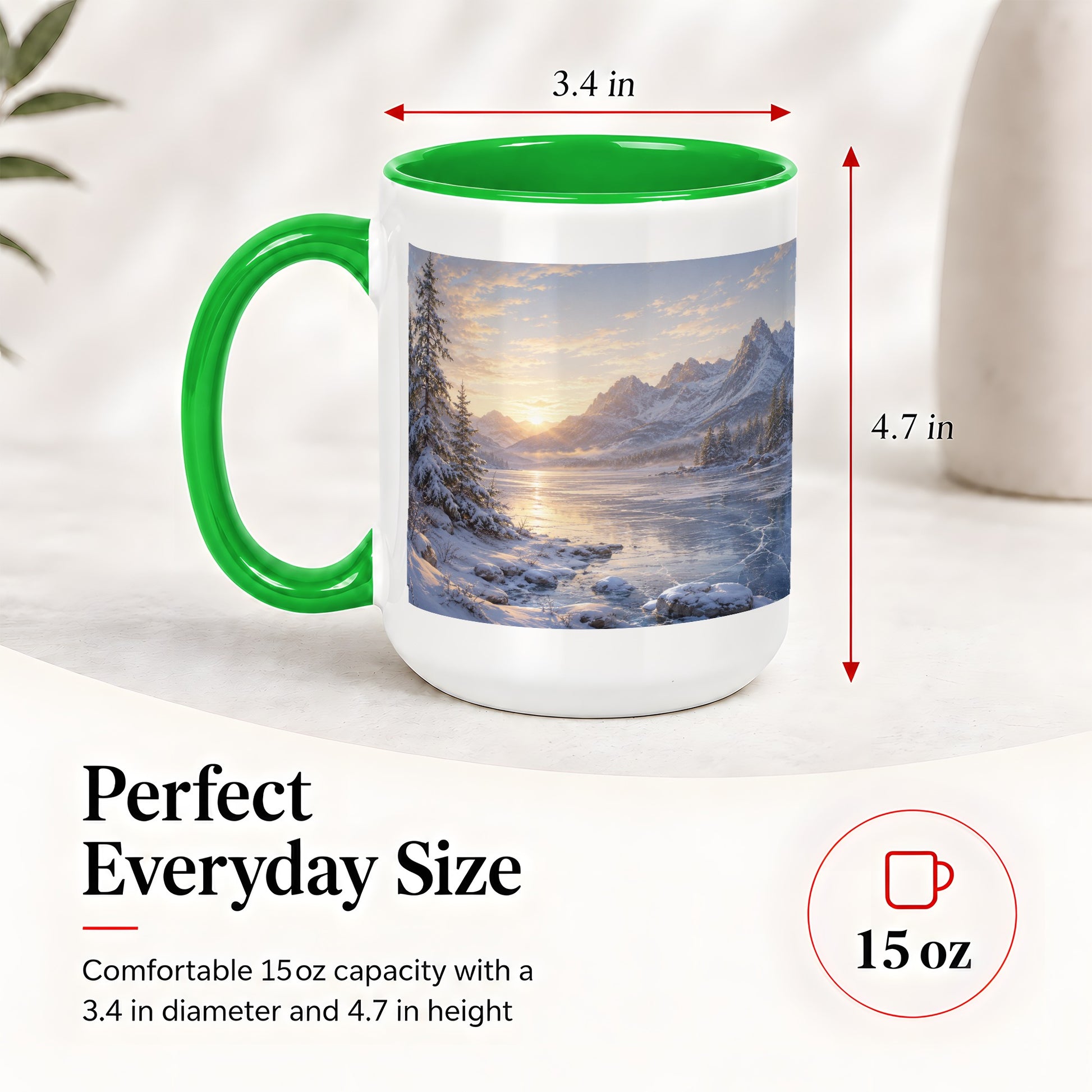 #pl[15oz|Green] Winter Mountain Sunrise Ceramic Mug, Frozen Lake Landscape