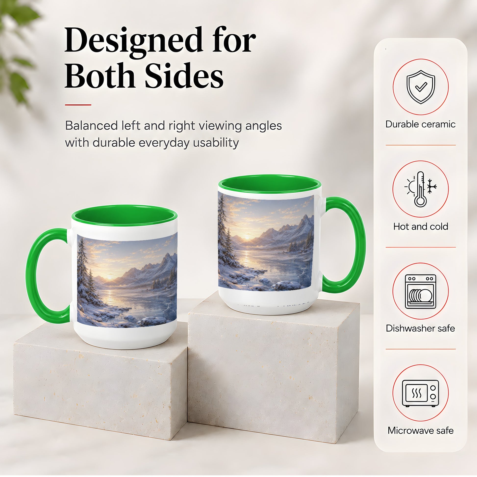 #pl[15oz|Green] Winter Mountain Sunrise Ceramic Mug, Frozen Lake Landscape