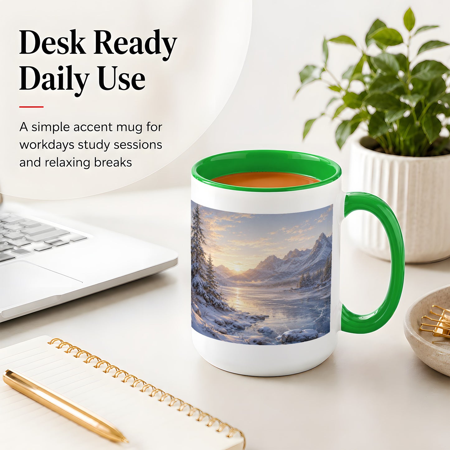 #pl[15oz|Green] Winter Mountain Sunrise Ceramic Mug, Frozen Lake Landscape