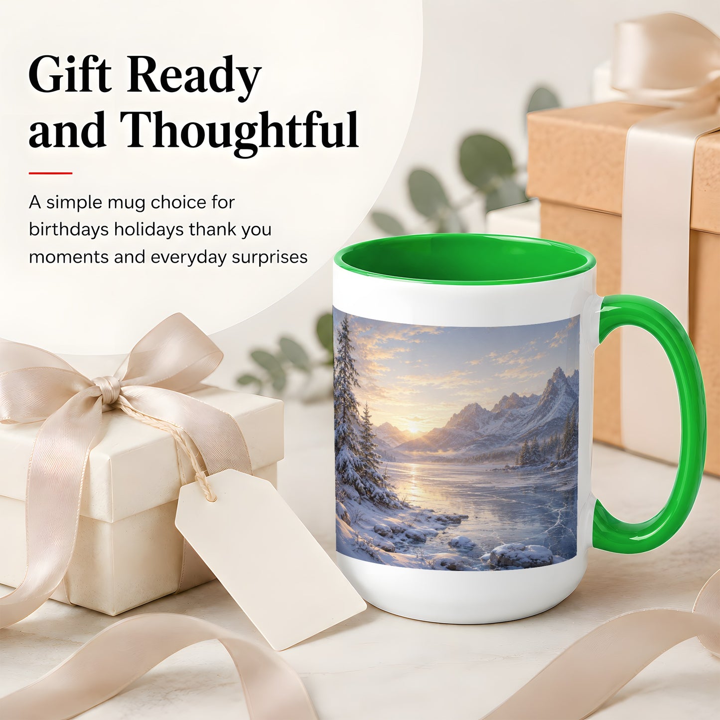 #pl[15oz|Green] Winter Mountain Sunrise Ceramic Mug, Frozen Lake Landscape