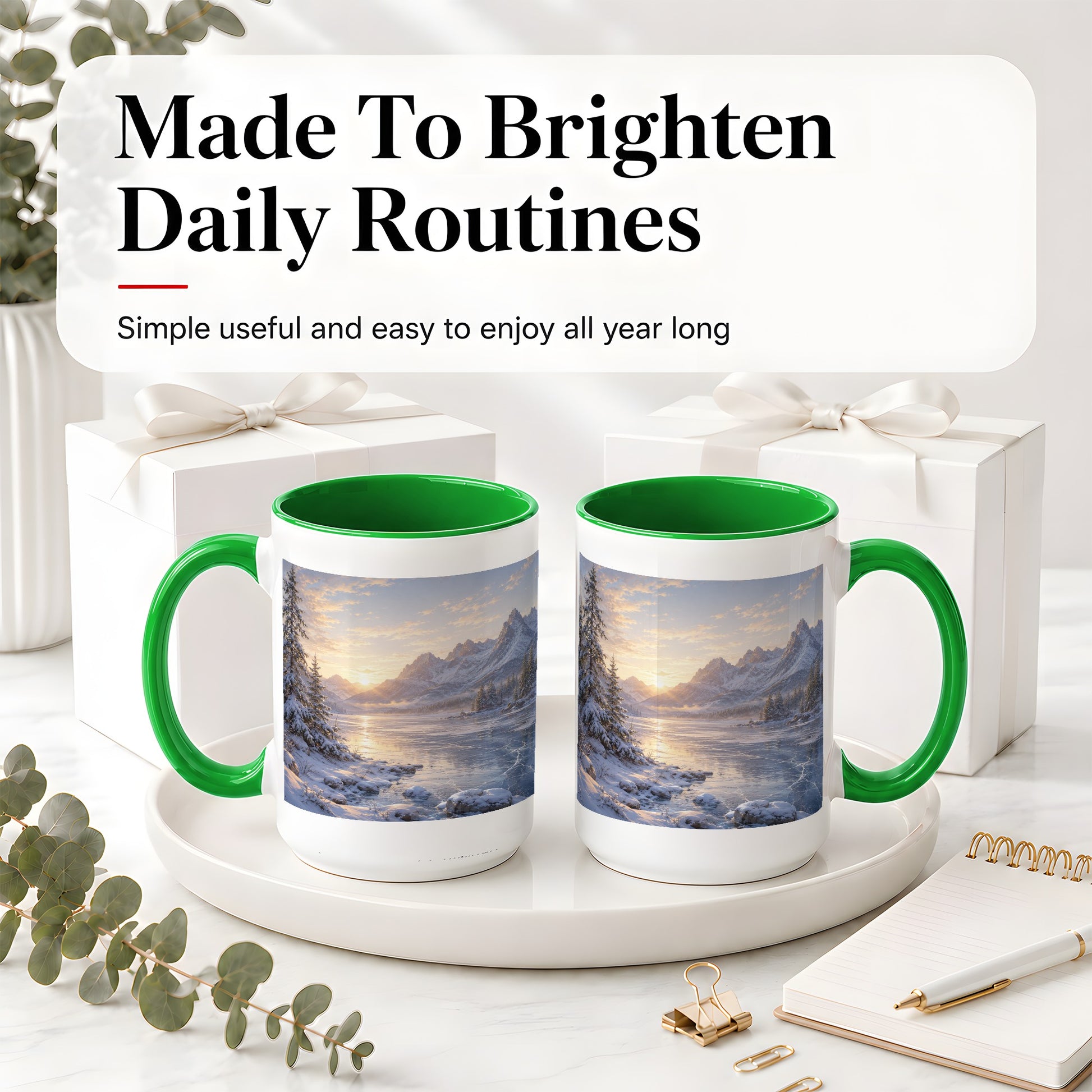 #pl[15oz|Green] Winter Mountain Sunrise Ceramic Mug, Frozen Lake Landscape