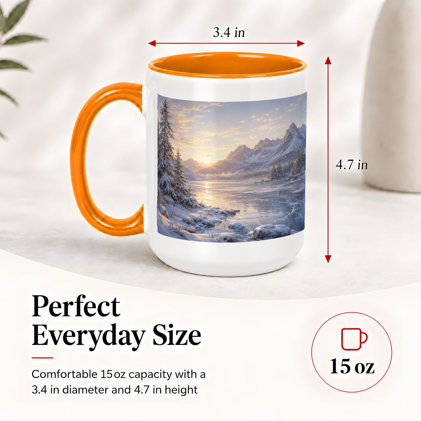 #pl[15oz|Orange] Winter Mountain Sunrise Ceramic Mug, Frozen Lake Landscape