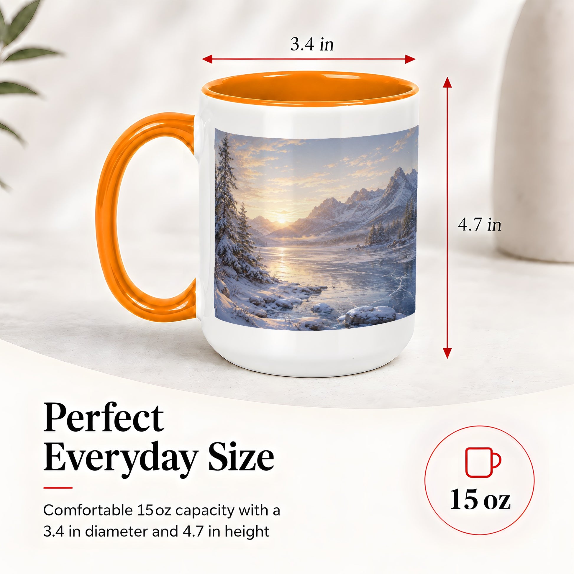 #pl[15oz|Orange] Winter Mountain Sunrise Ceramic Mug, Frozen Lake Landscape