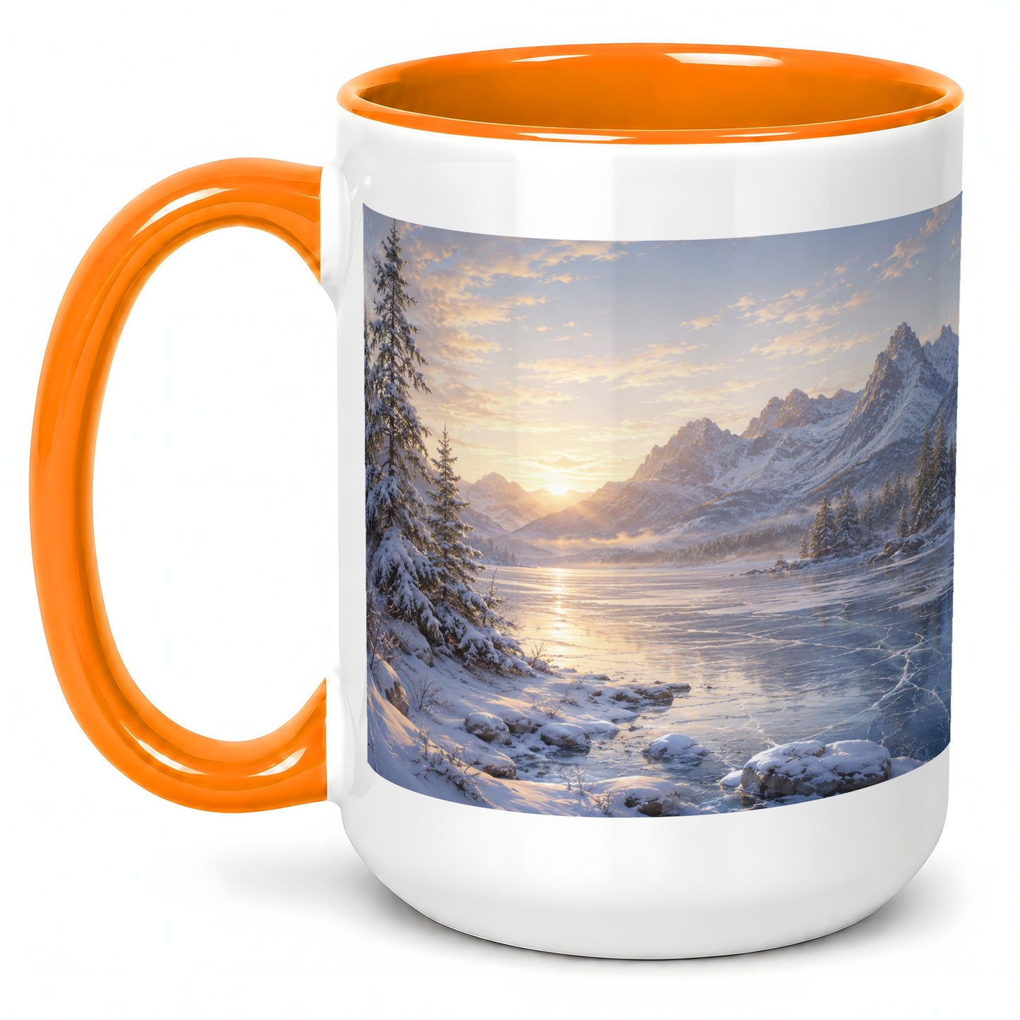 #pl[15oz|Orange] Winter Mountain Sunrise Ceramic Mug, Frozen Lake Landscape