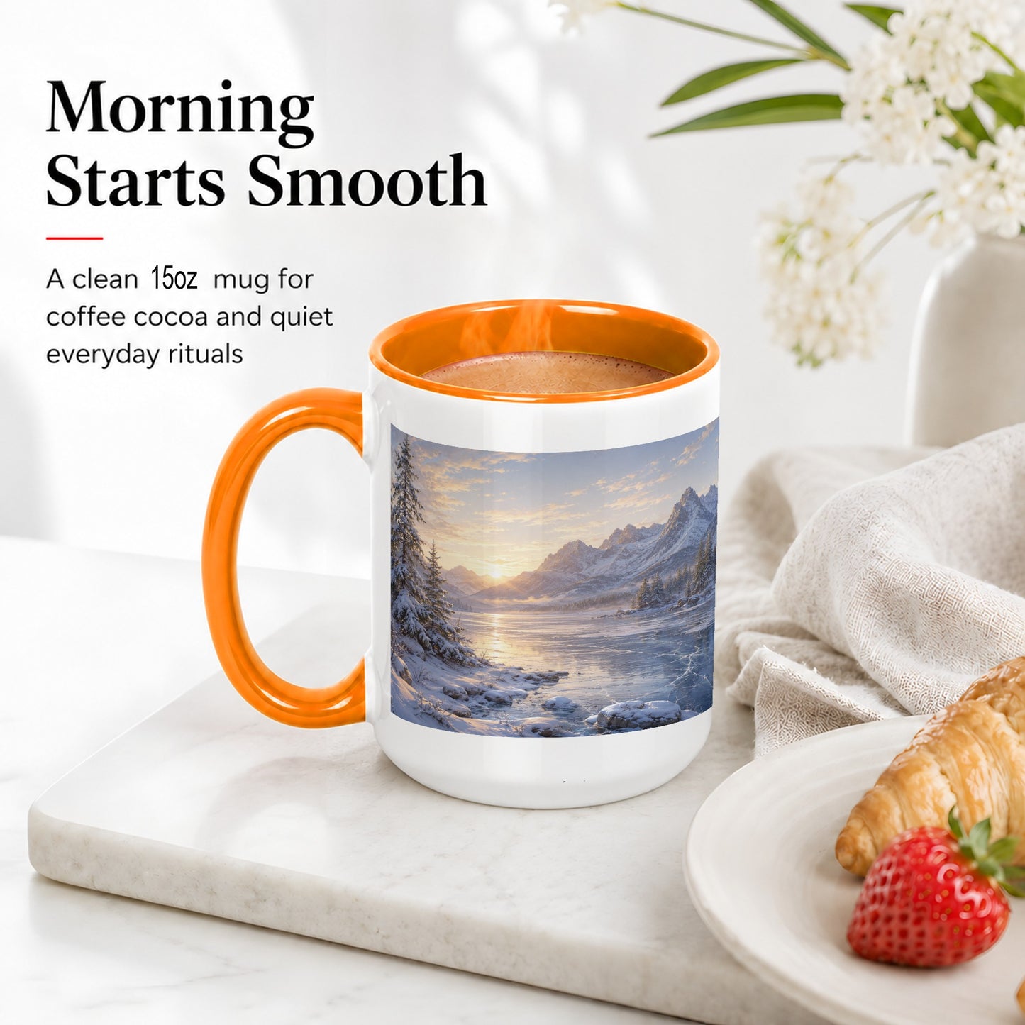 #pl[15oz|Orange] Winter Mountain Sunrise Ceramic Mug, Frozen Lake Landscape