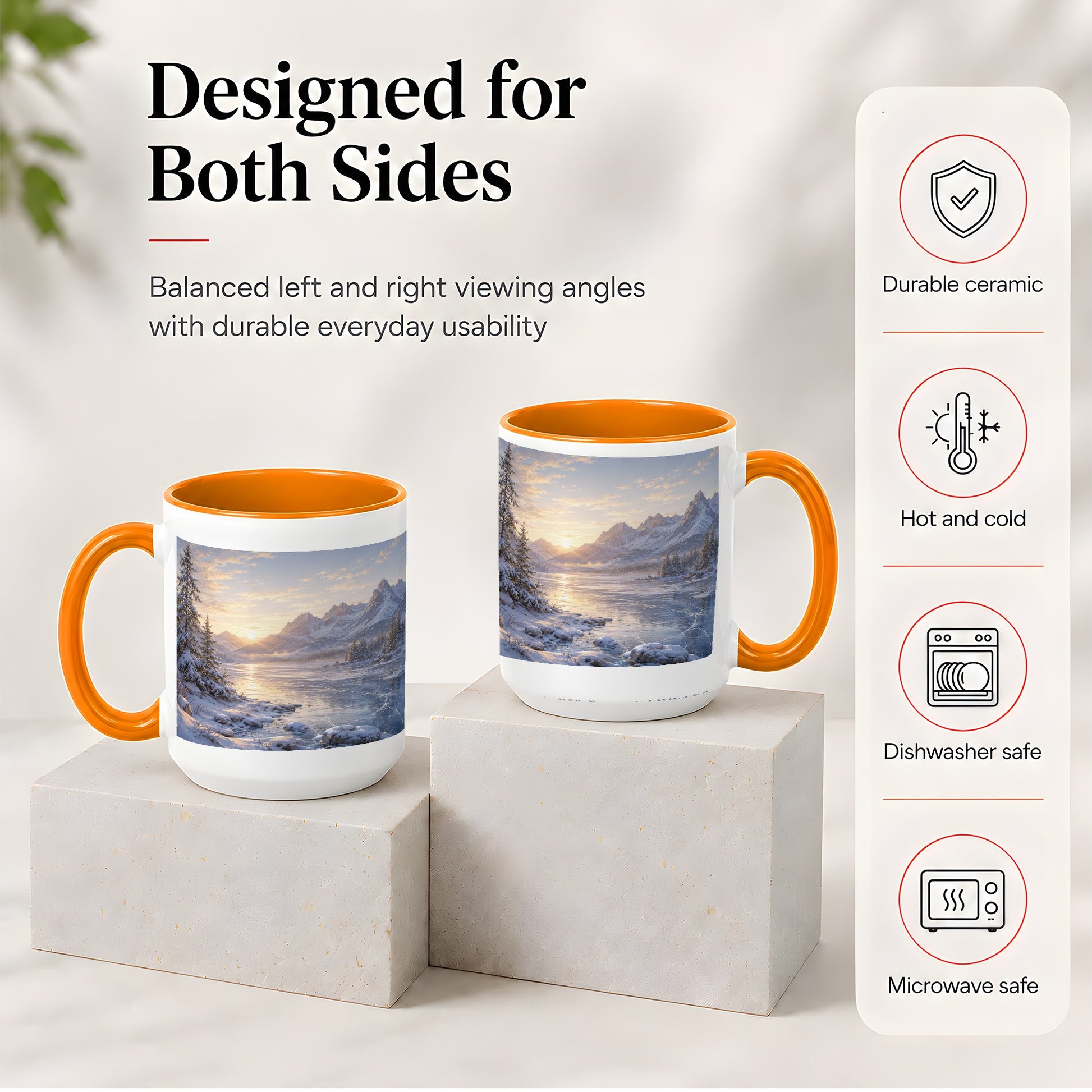 #pl[15oz|Orange] Winter Mountain Sunrise Ceramic Mug, Frozen Lake Landscape