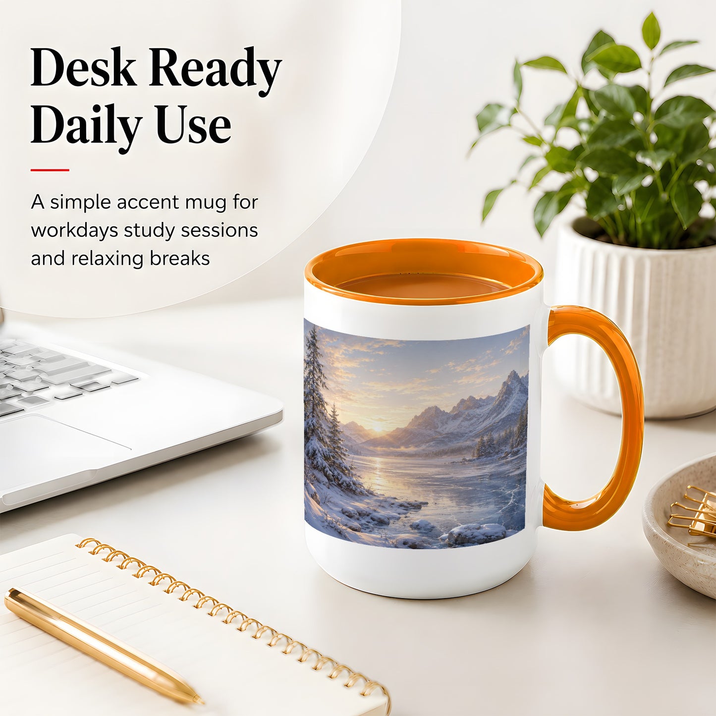 #pl[15oz|Orange] Winter Mountain Sunrise Ceramic Mug, Frozen Lake Landscape