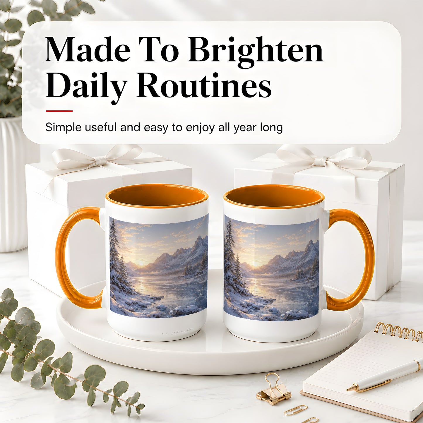 #pl[15oz|Orange] Winter Mountain Sunrise Ceramic Mug, Frozen Lake Landscape