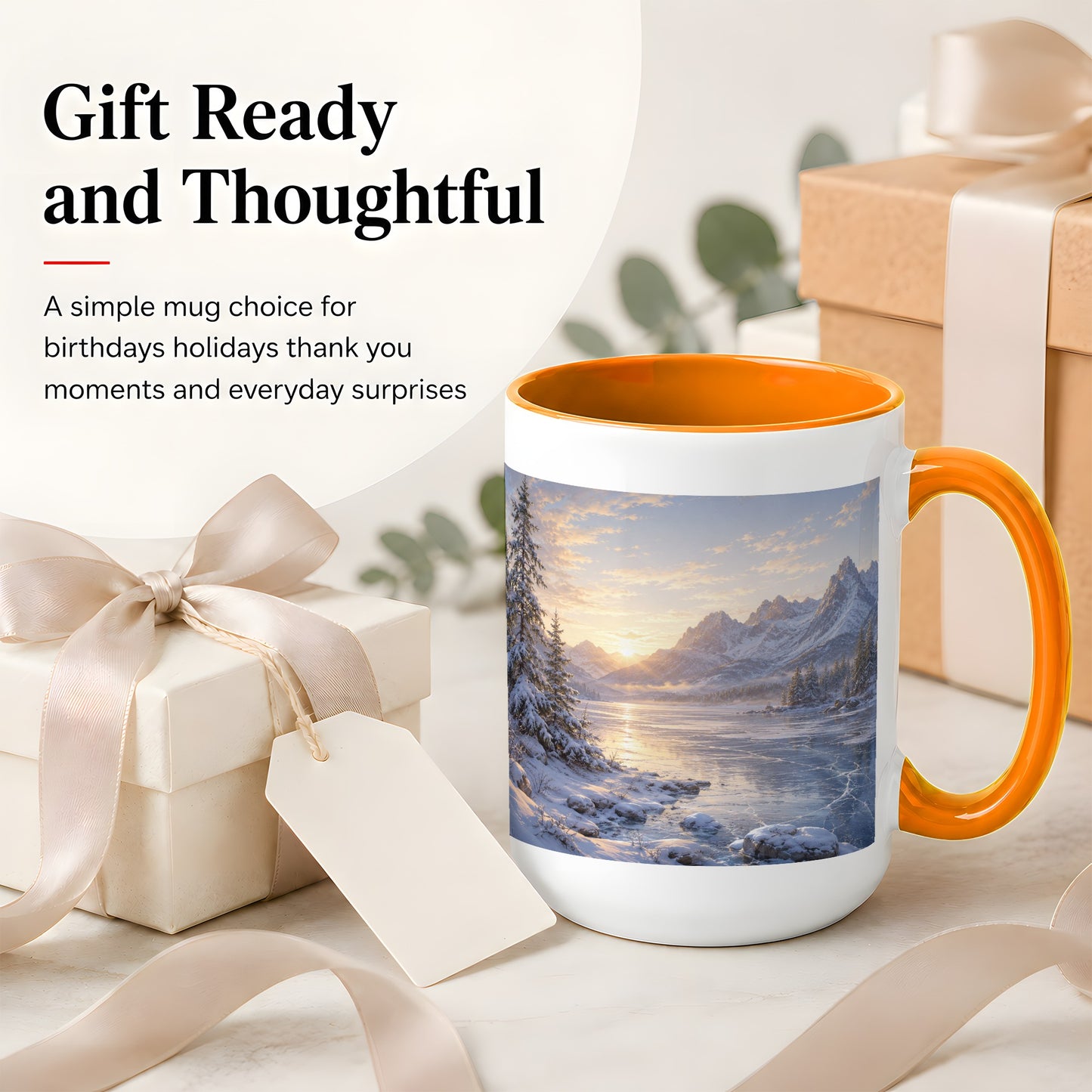 #pl[15oz|Orange] Winter Mountain Sunrise Ceramic Mug, Frozen Lake Landscape