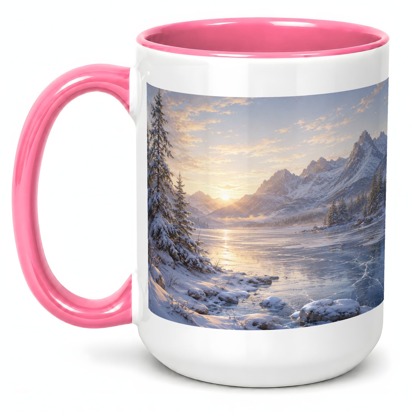 #pl[15oz|Pink] Winter Mountain Sunrise Ceramic Mug, Frozen Lake Landscape
