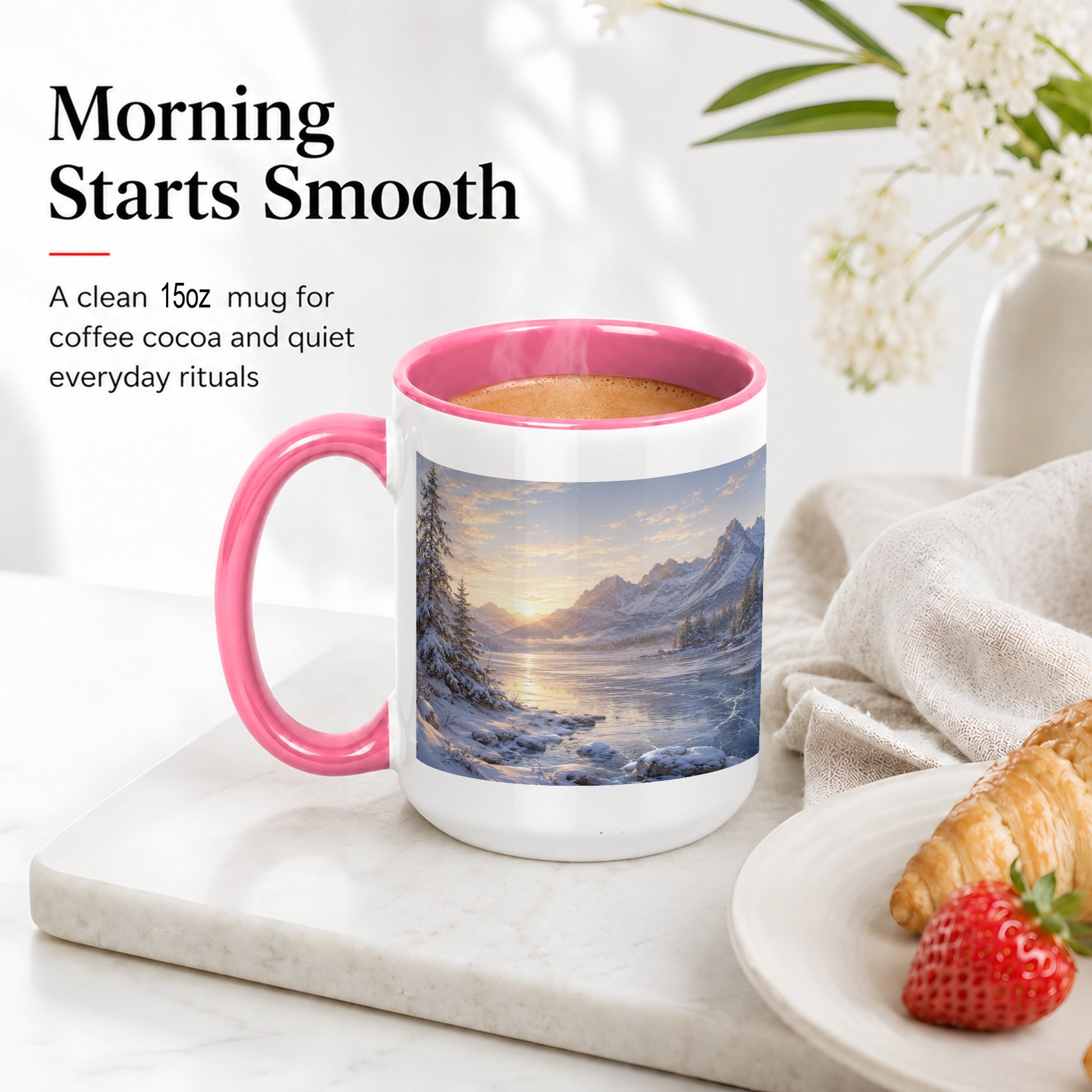 #pl[15oz|Pink] Winter Mountain Sunrise Ceramic Mug, Frozen Lake Landscape