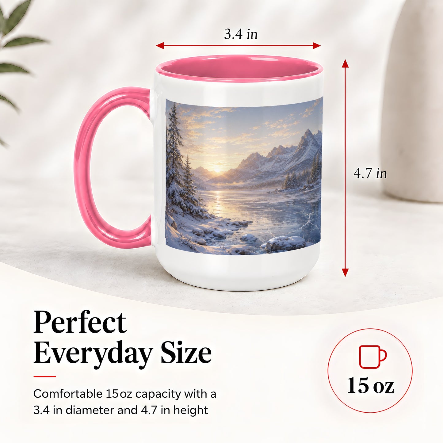 #pl[15oz|Pink] Winter Mountain Sunrise Ceramic Mug, Frozen Lake Landscape