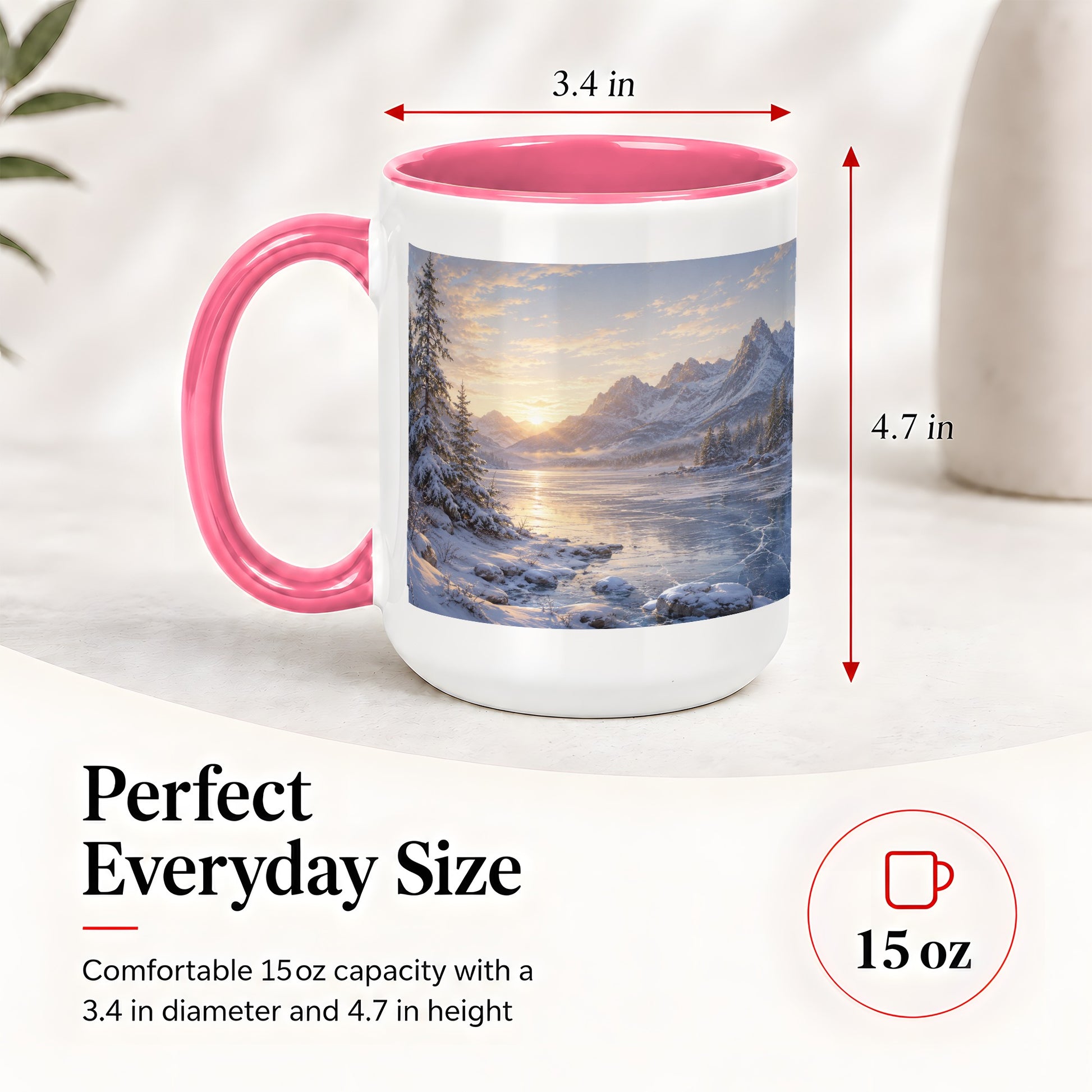 #pl[15oz|Pink] Winter Mountain Sunrise Ceramic Mug, Frozen Lake Landscape