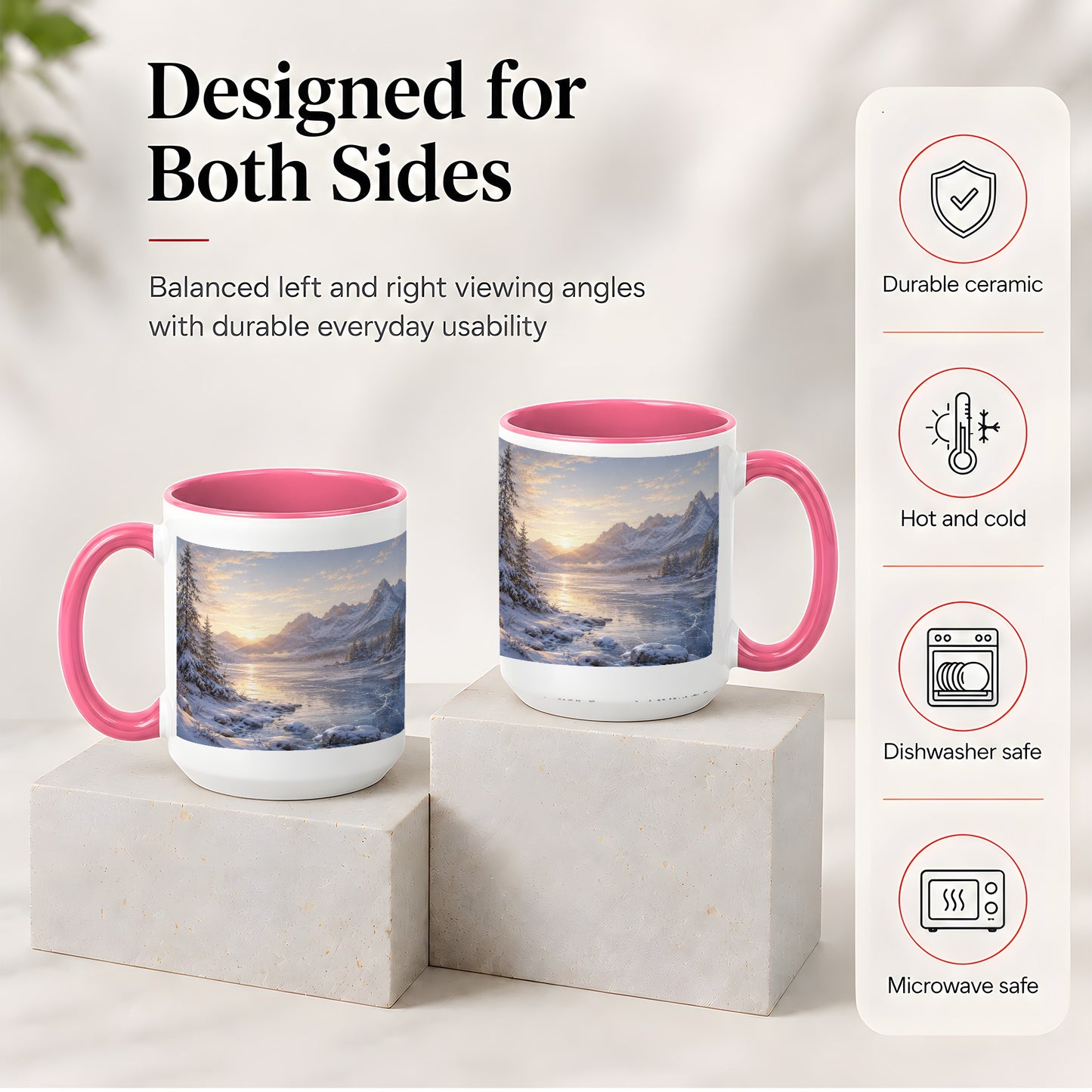 #pl[15oz|Pink] Winter Mountain Sunrise Ceramic Mug, Frozen Lake Landscape