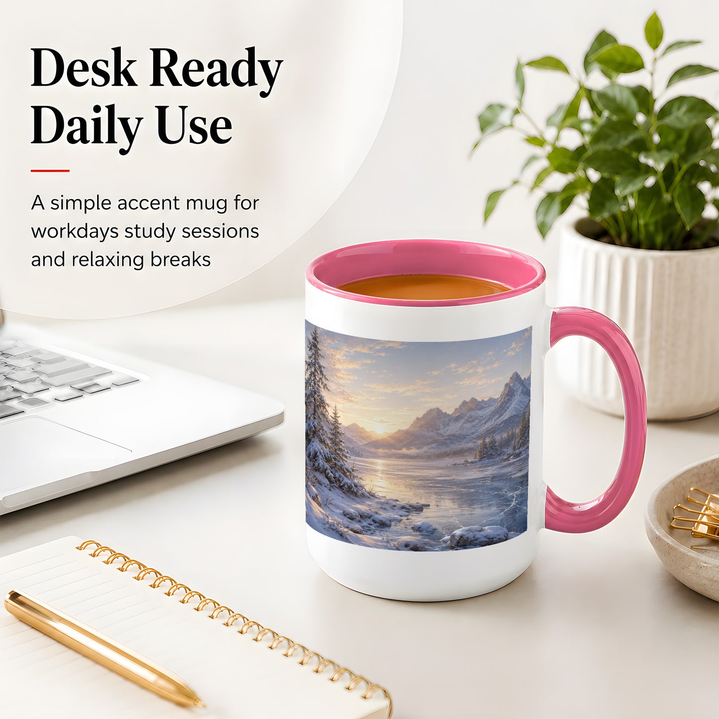 #pl[15oz|Pink] Winter Mountain Sunrise Ceramic Mug, Frozen Lake Landscape
