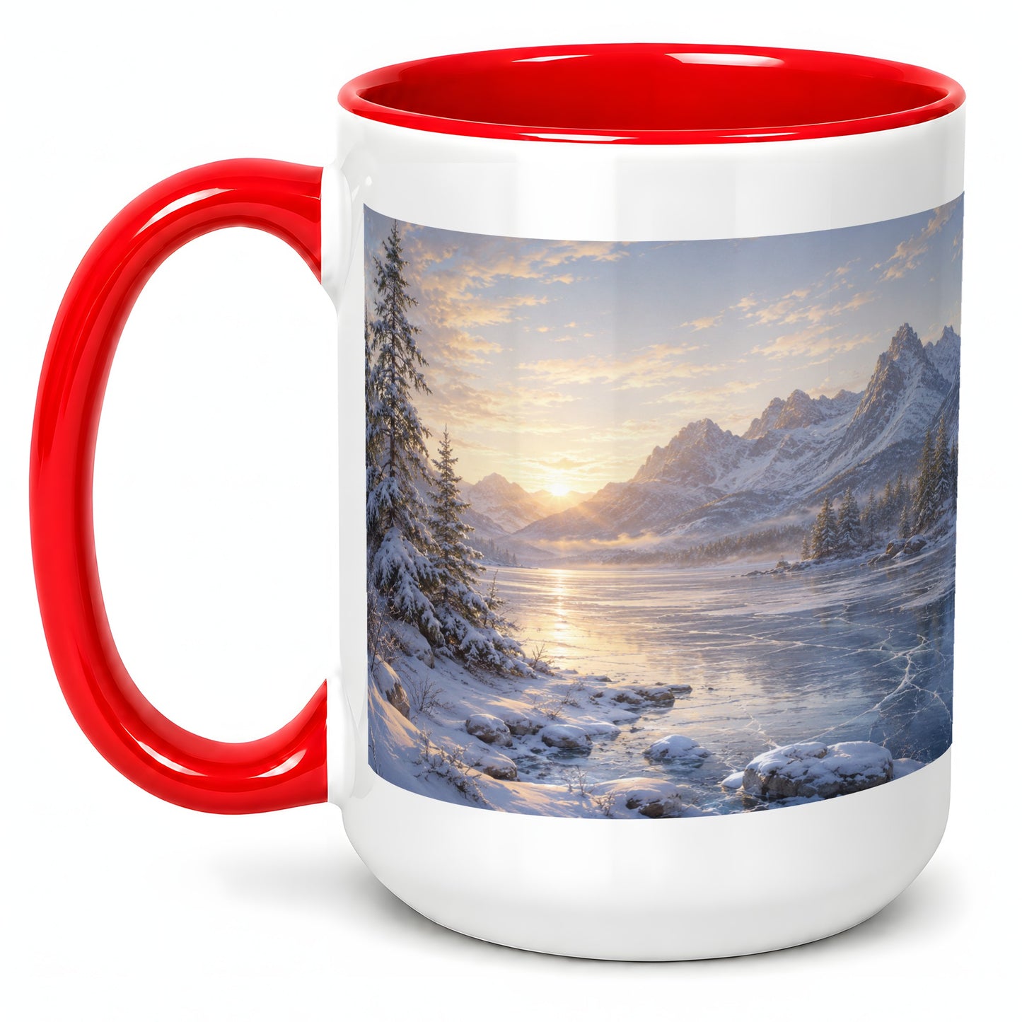 #pl[15oz|Red] Winter Mountain Sunrise Ceramic Mug, Frozen Lake Landscape