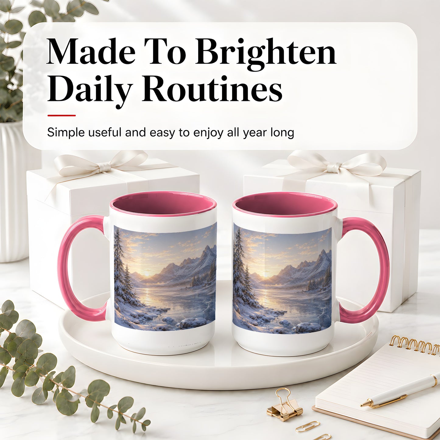 #pl[15oz|Pink] Winter Mountain Sunrise Ceramic Mug, Frozen Lake Landscape