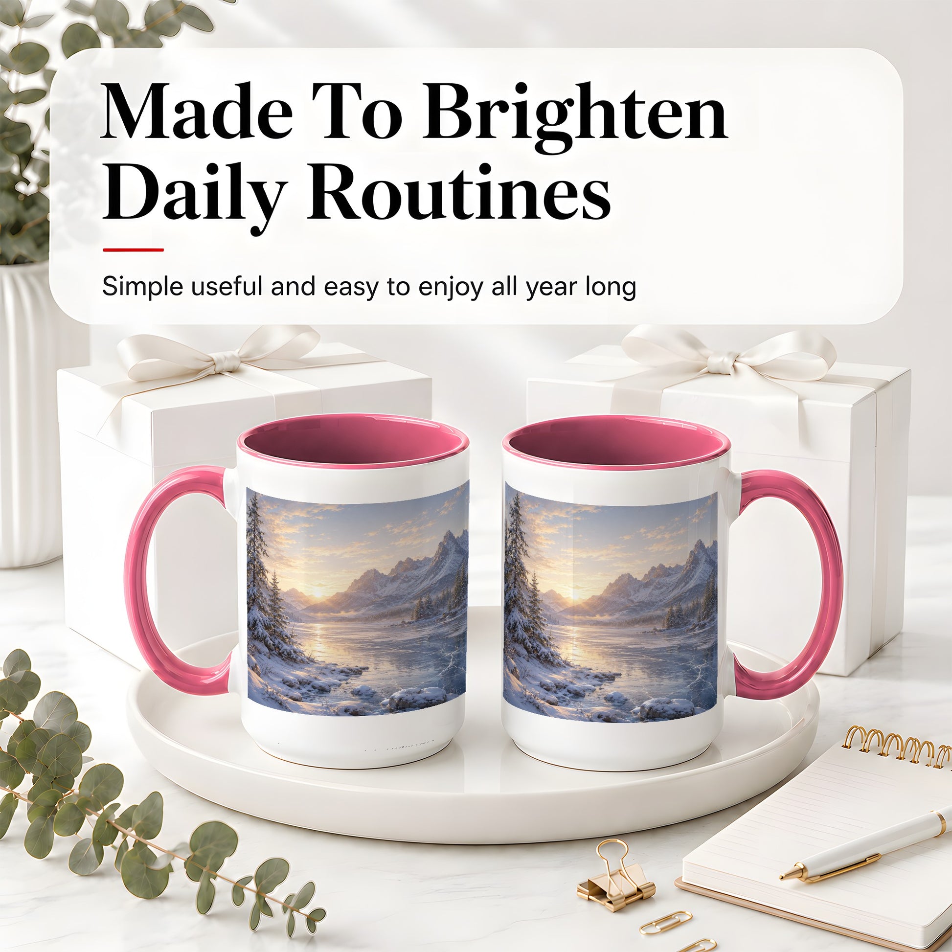 #pl[15oz|Pink] Winter Mountain Sunrise Ceramic Mug, Frozen Lake Landscape