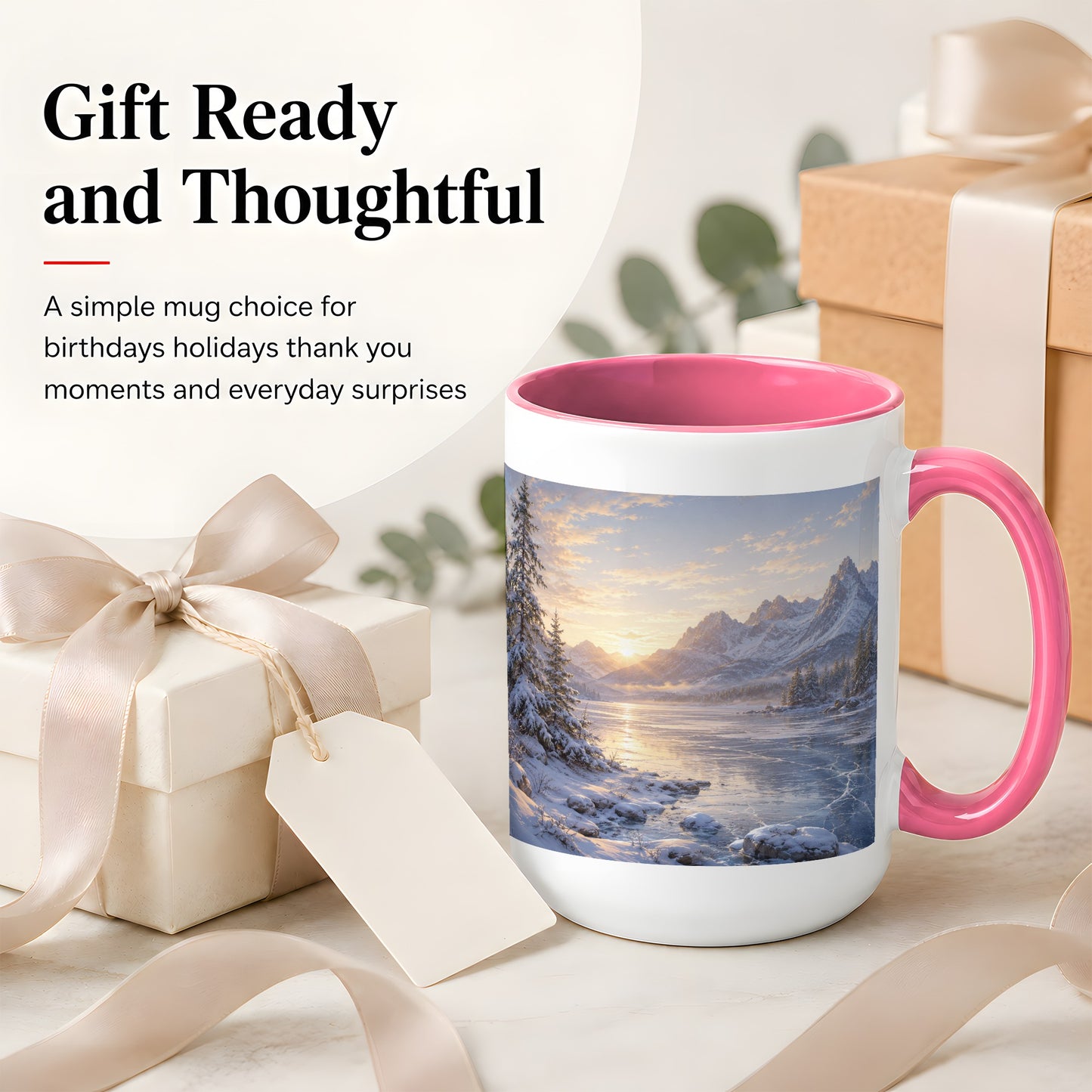 #pl[15oz|Pink] Winter Mountain Sunrise Ceramic Mug, Frozen Lake Landscape