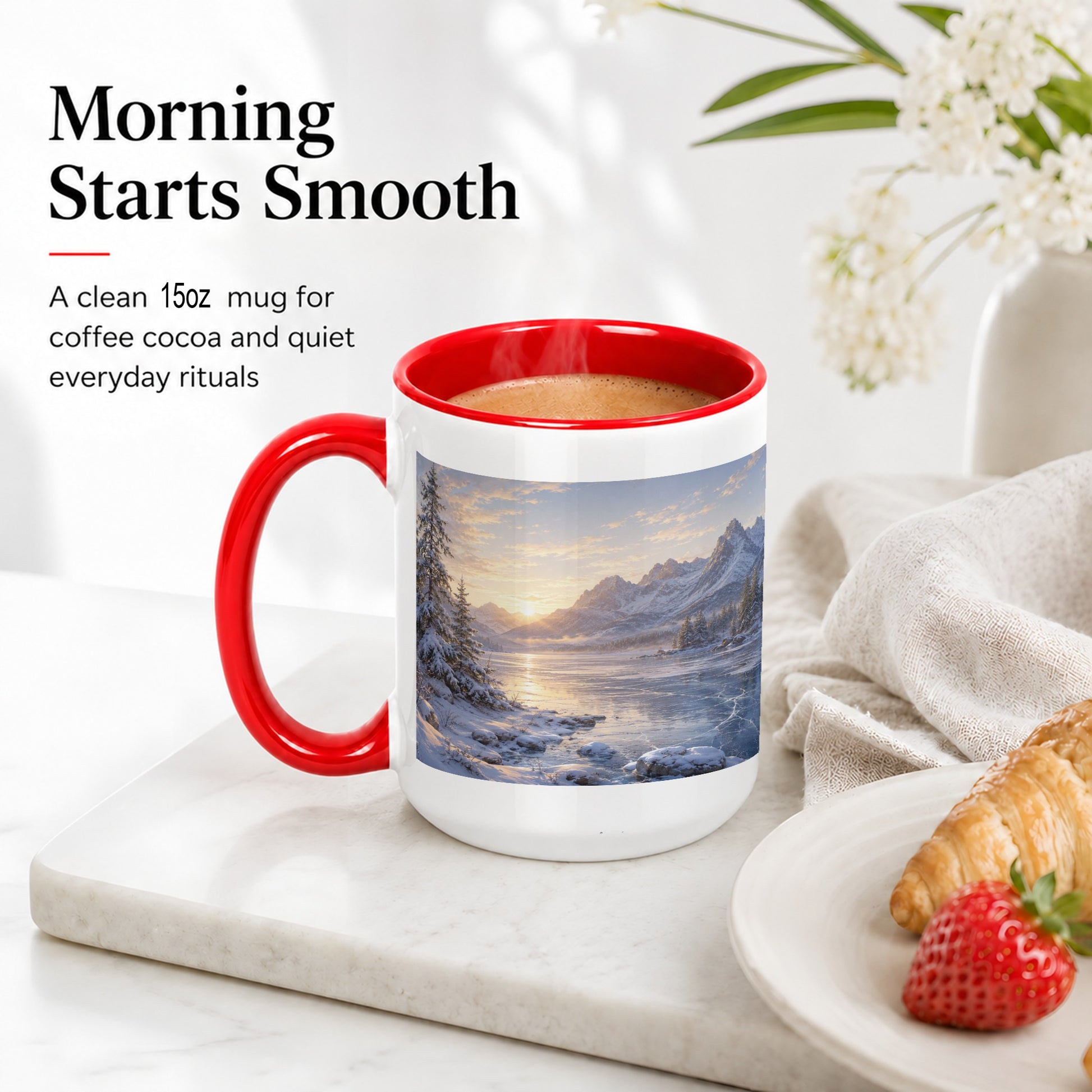 #pl[15oz|Red] Winter Mountain Sunrise Ceramic Mug, Frozen Lake Landscape