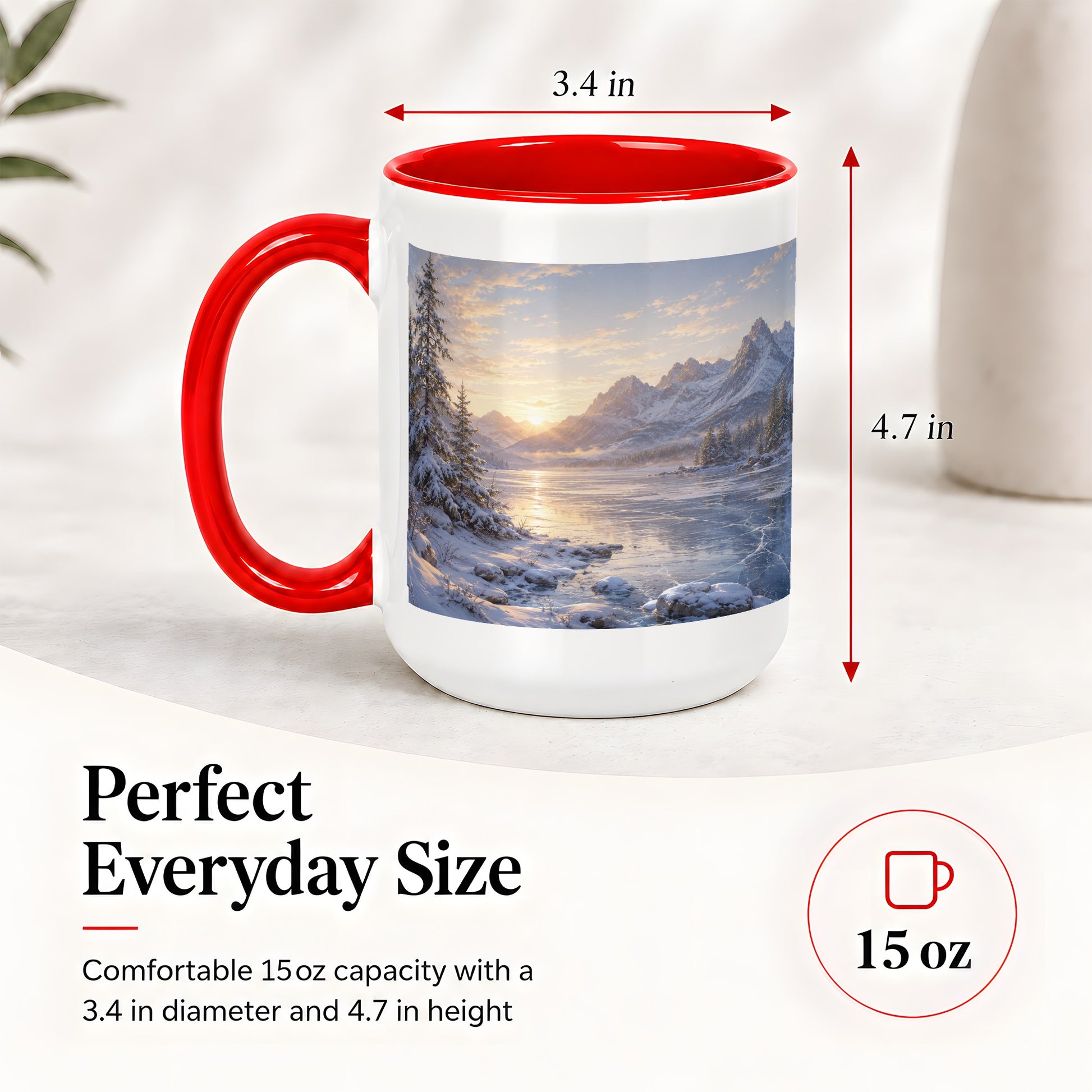 #pl[15oz|Red] Winter Mountain Sunrise Ceramic Mug, Frozen Lake Landscape