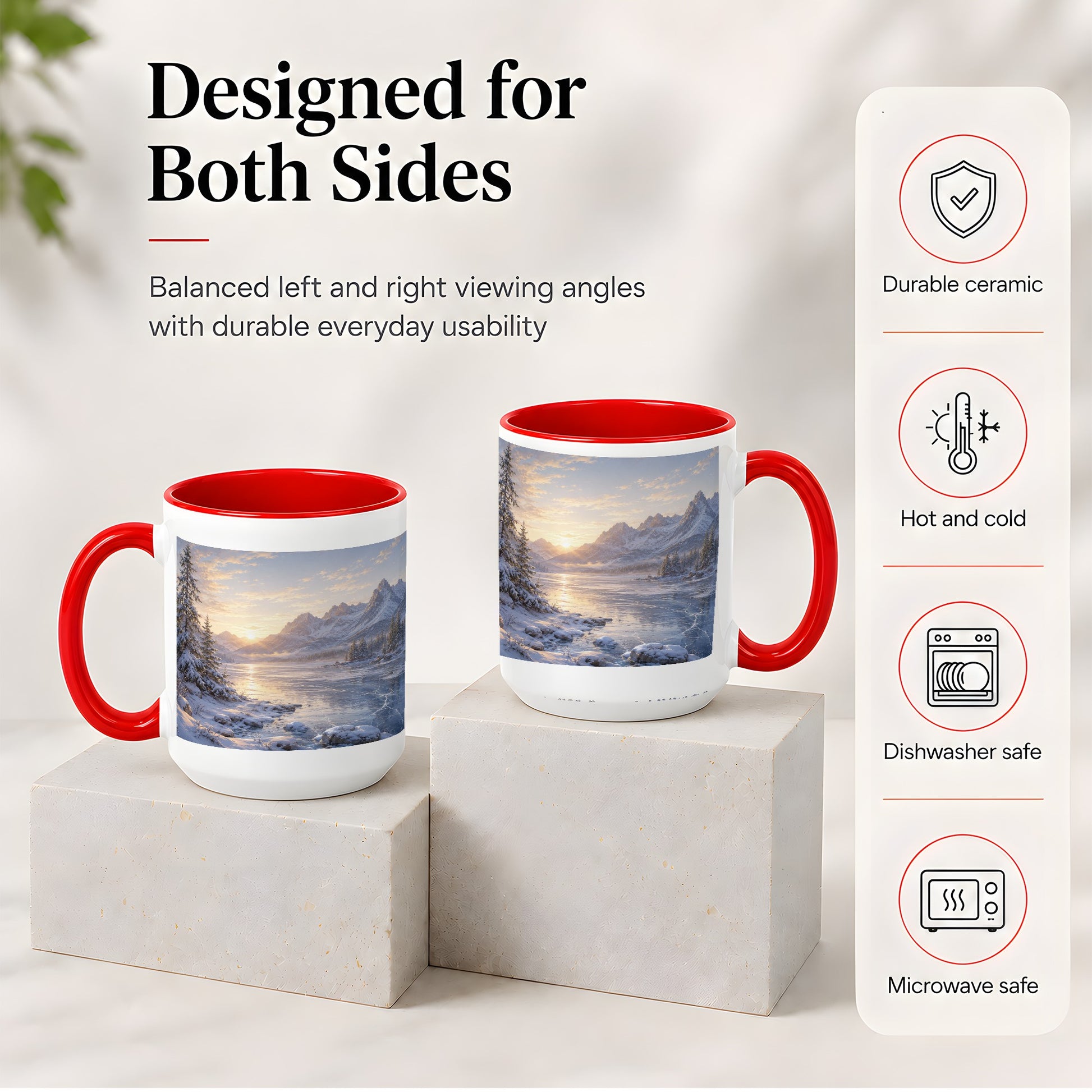 #pl[15oz|Red] Winter Mountain Sunrise Ceramic Mug, Frozen Lake Landscape