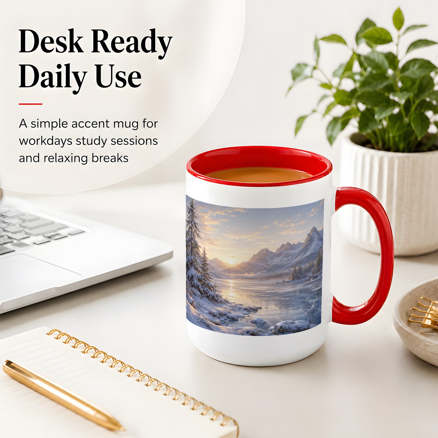 #pl[15oz|Red] Winter Mountain Sunrise Ceramic Mug, Frozen Lake Landscape