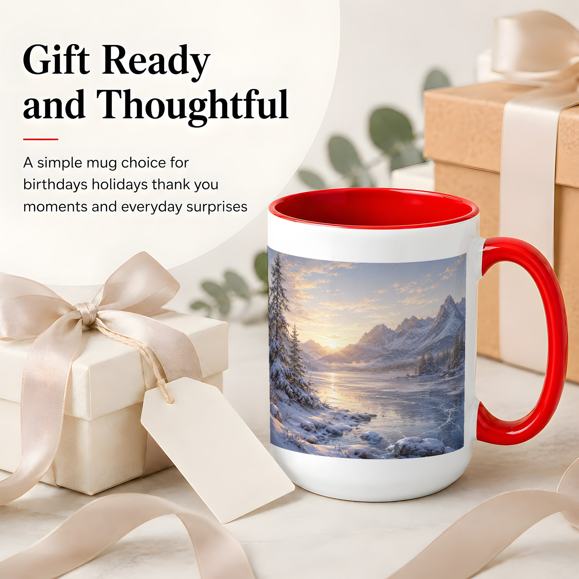 #pl[15oz|Red] Winter Mountain Sunrise Ceramic Mug, Frozen Lake Landscape
