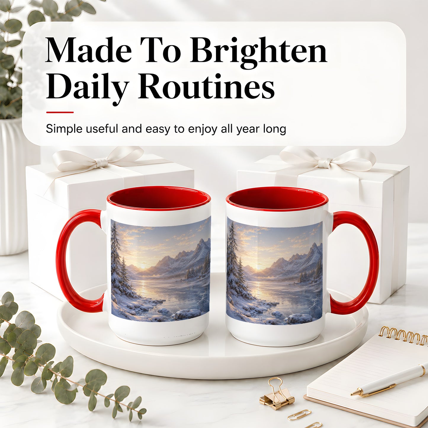 #pl[15oz|Red] Winter Mountain Sunrise Ceramic Mug, Frozen Lake Landscape