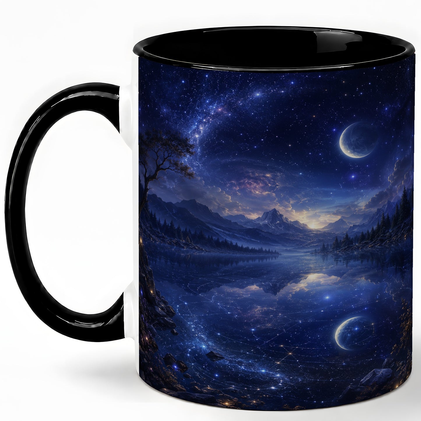 #pl[11oz|Black] Cosmic Lake Ceramic Mug, Moonlit Starry Night Landscape