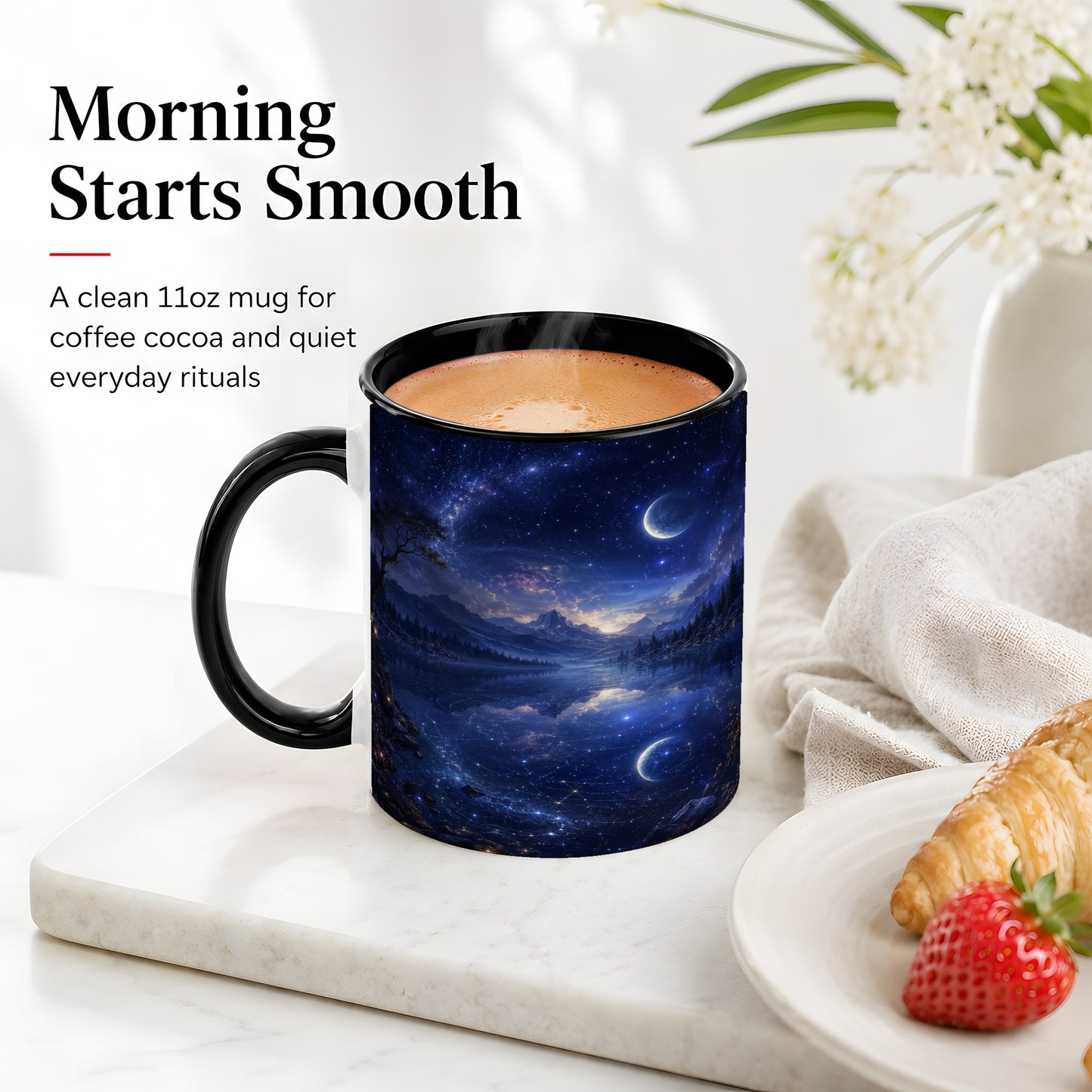 #pl[11oz|Black] Cosmic Lake Ceramic Mug, Moonlit Starry Night Landscape