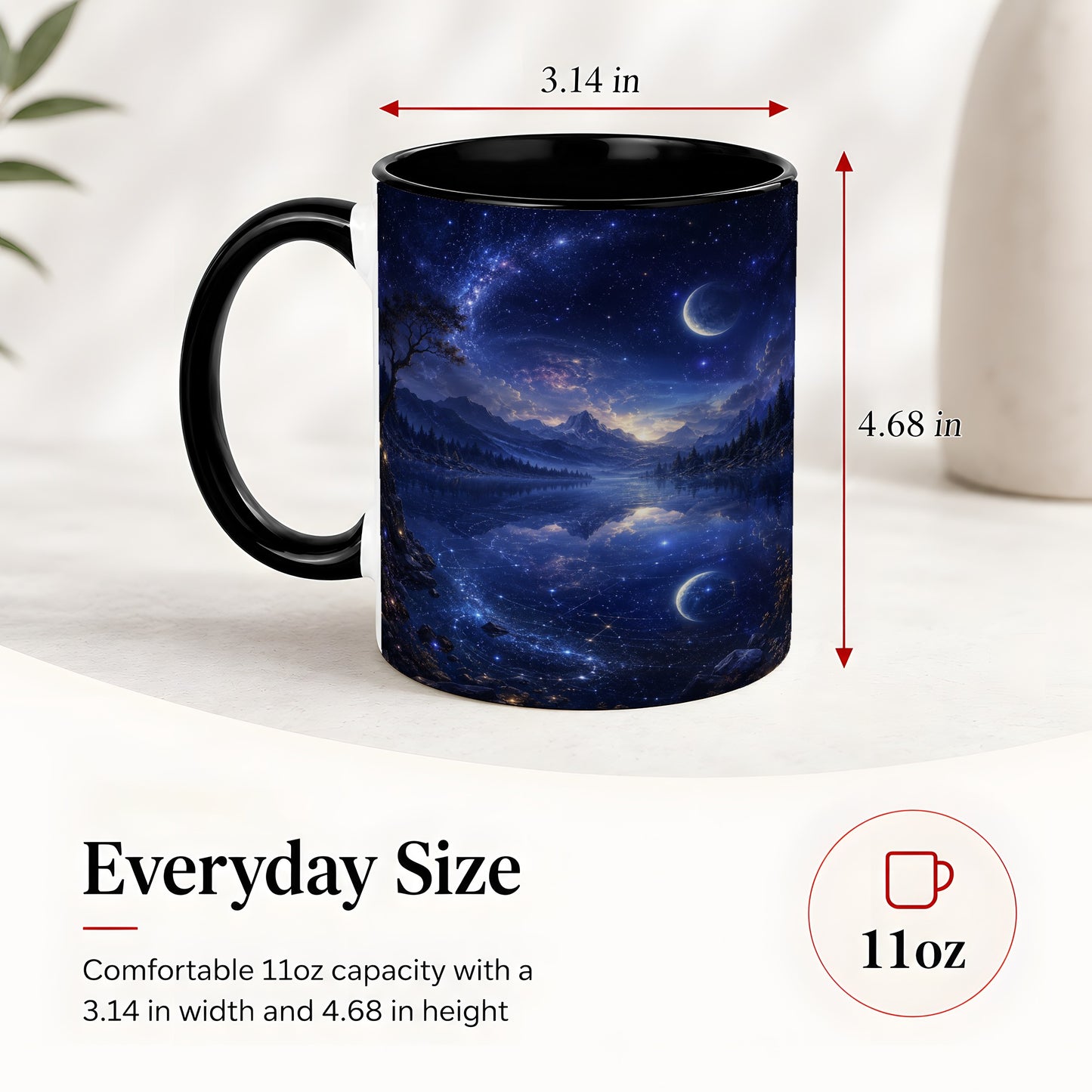 #pl[11oz|Black] Cosmic Lake Ceramic Mug, Moonlit Starry Night Landscape