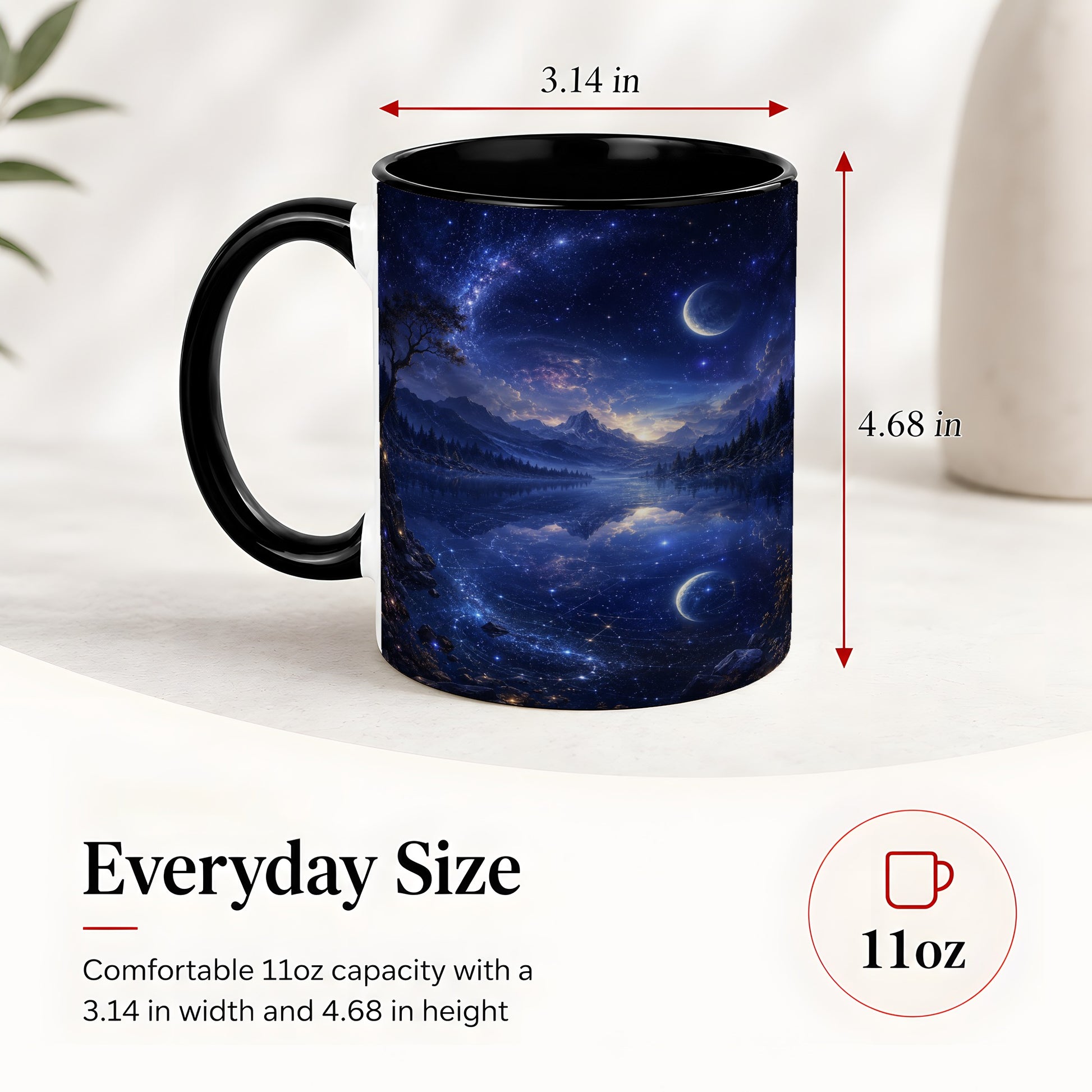 #pl[11oz|Black] Cosmic Lake Ceramic Mug, Moonlit Starry Night Landscape