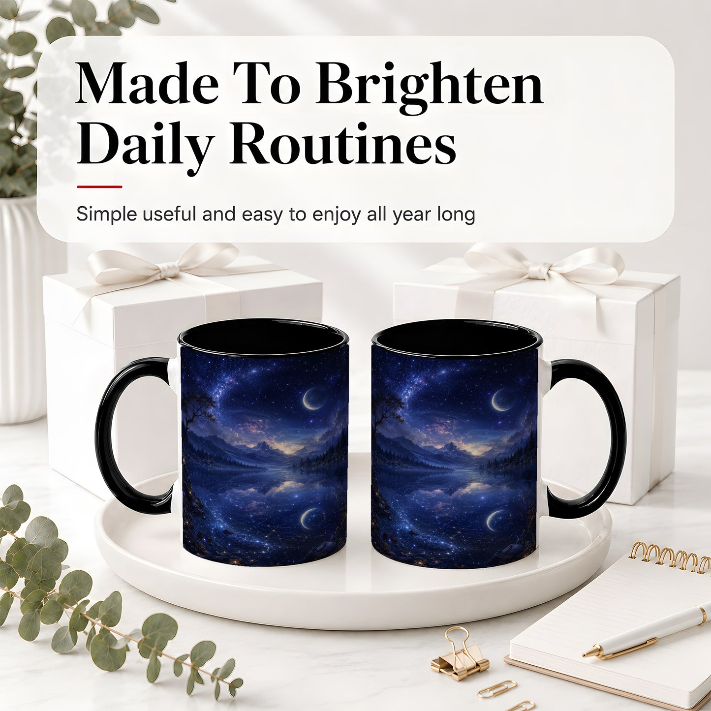 #pl[11oz|Black] Cosmic Lake Ceramic Mug, Moonlit Starry Night Landscape