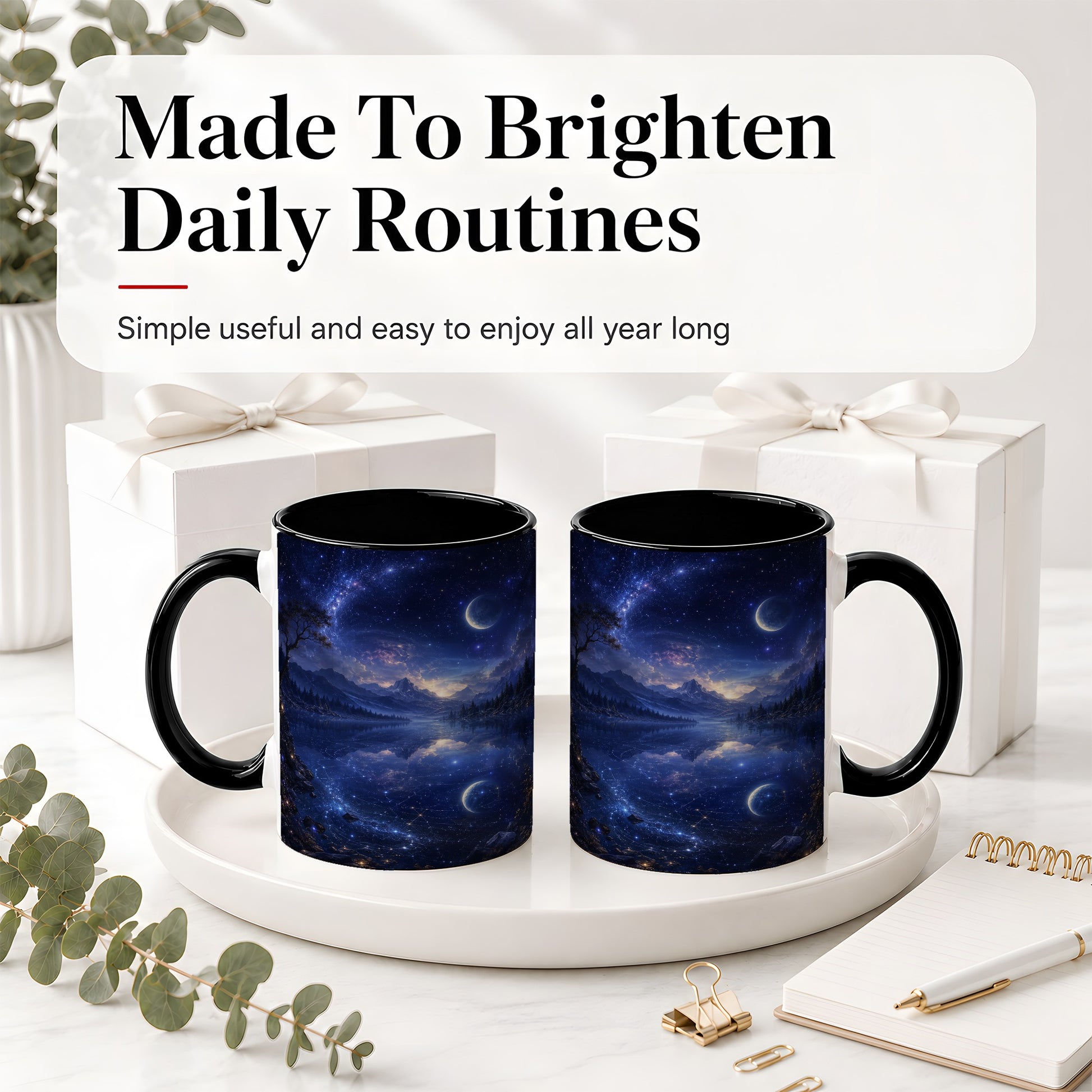 #pl[11oz|Black] Cosmic Lake Ceramic Mug, Moonlit Starry Night Landscape