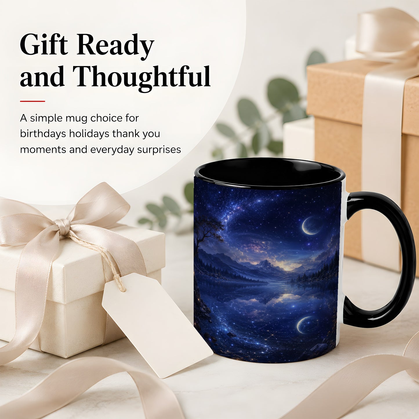 #pl[11oz|Black] Cosmic Lake Ceramic Mug, Moonlit Starry Night Landscape
