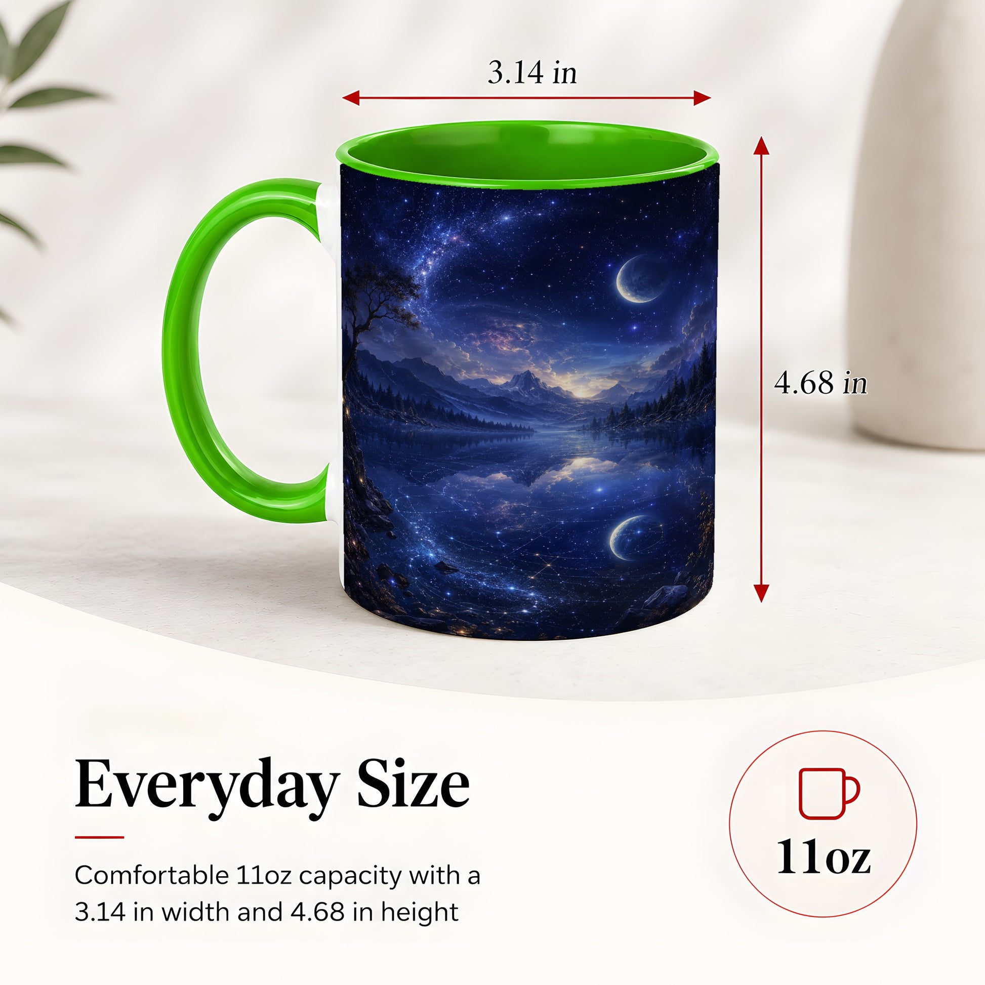 #pl[11oz|Green] Cosmic Lake Ceramic Mug, Moonlit Starry Night Landscape