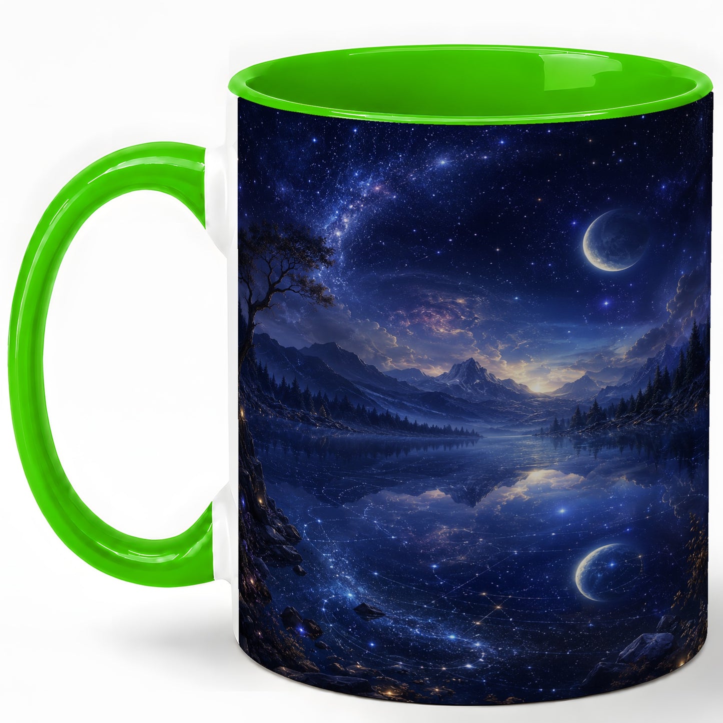 #pl[11oz|Green] Cosmic Lake Ceramic Mug, Moonlit Starry Night Landscape