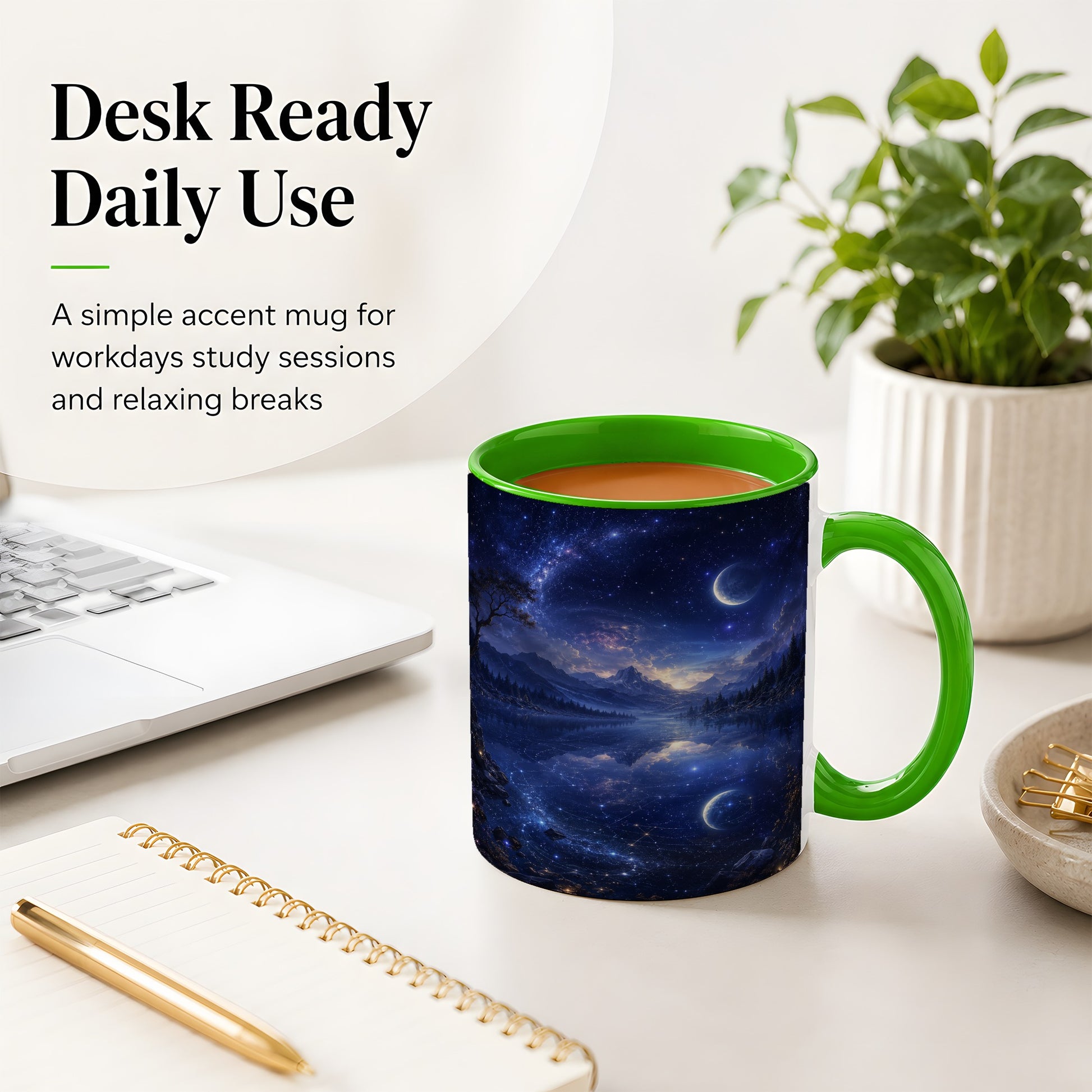 #pl[11oz|Green] Cosmic Lake Ceramic Mug, Moonlit Starry Night Landscape