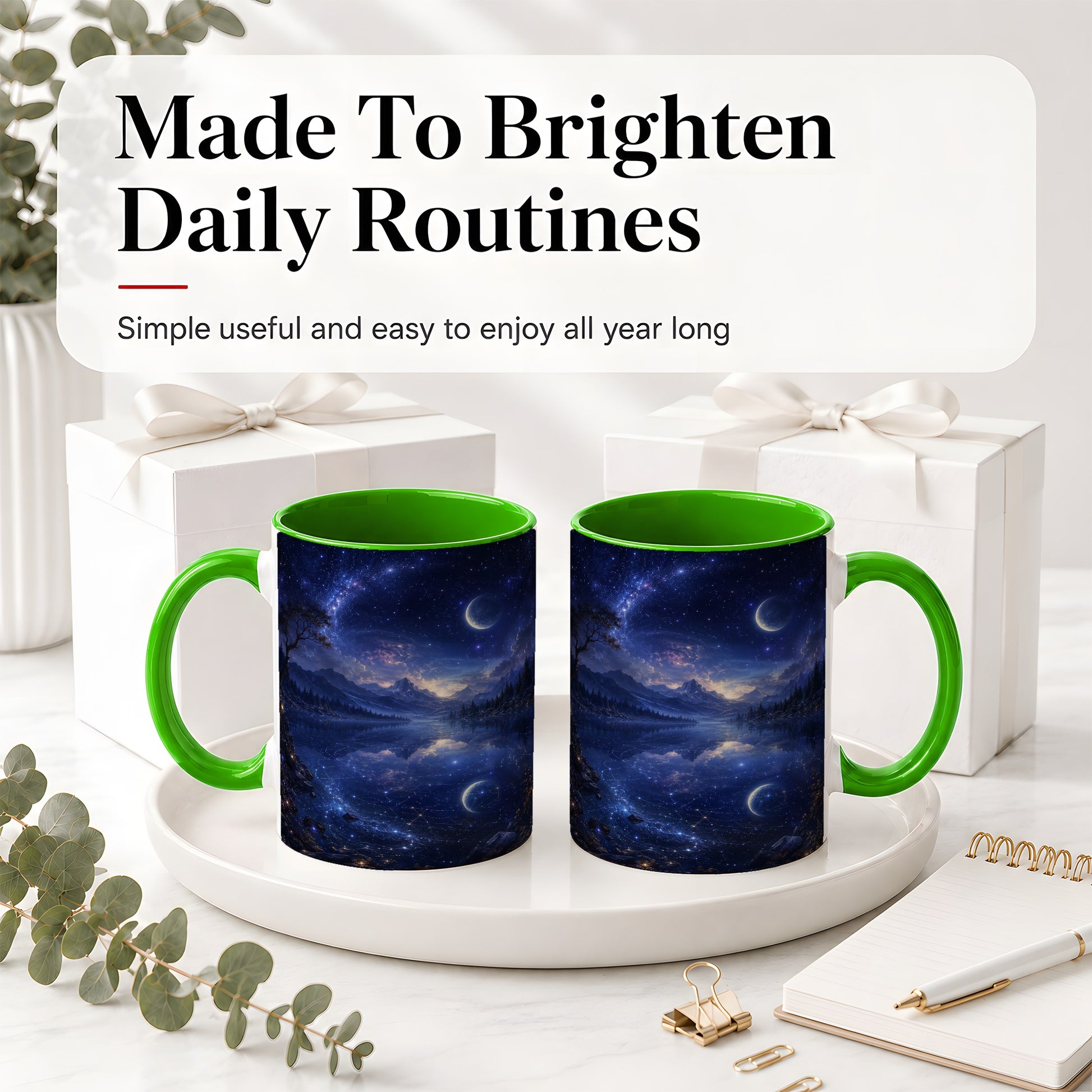#pl[11oz|Green] Cosmic Lake Ceramic Mug, Moonlit Starry Night Landscape