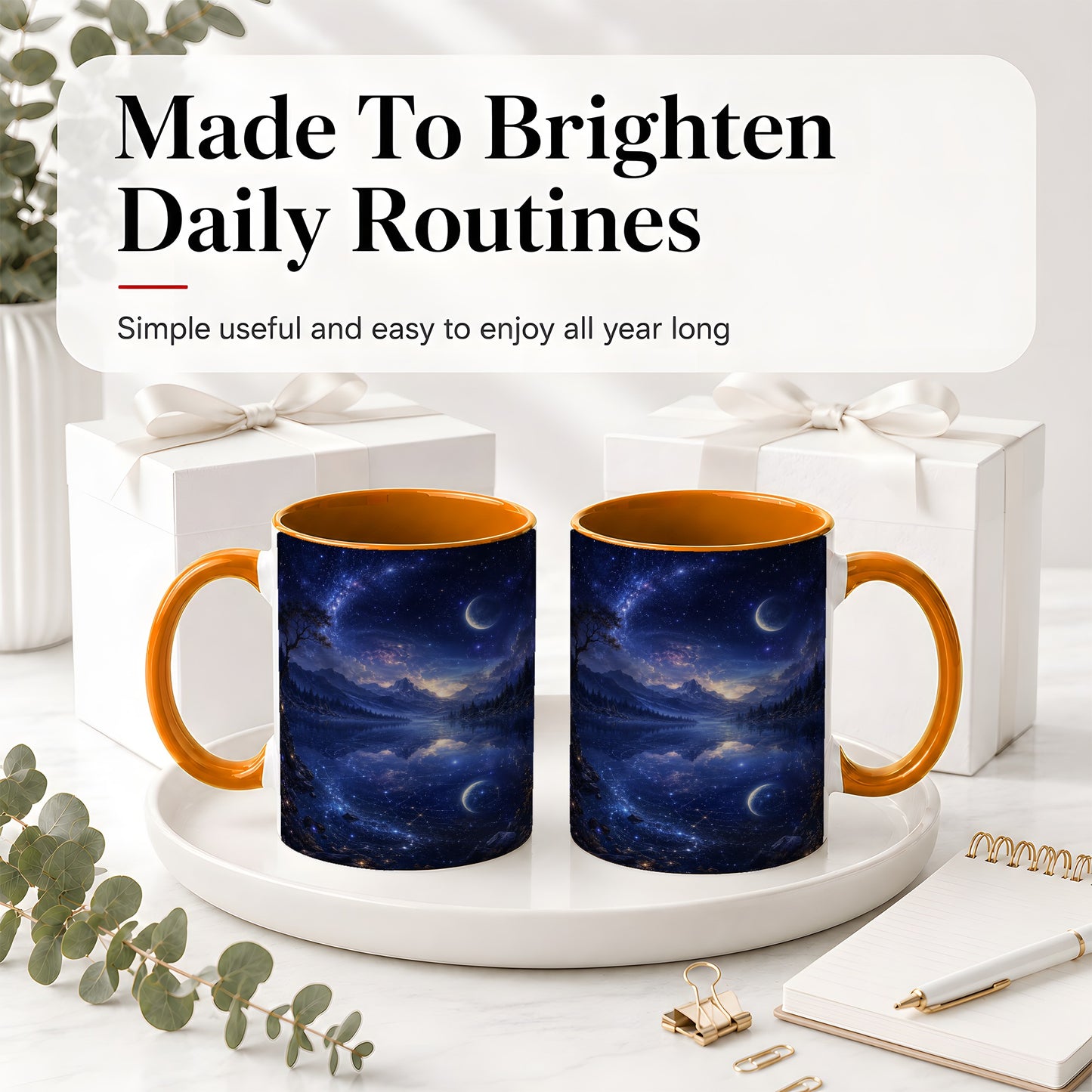 #pl[11oz|Orange] Cosmic Lake Ceramic Mug, Moonlit Starry Night Landscape