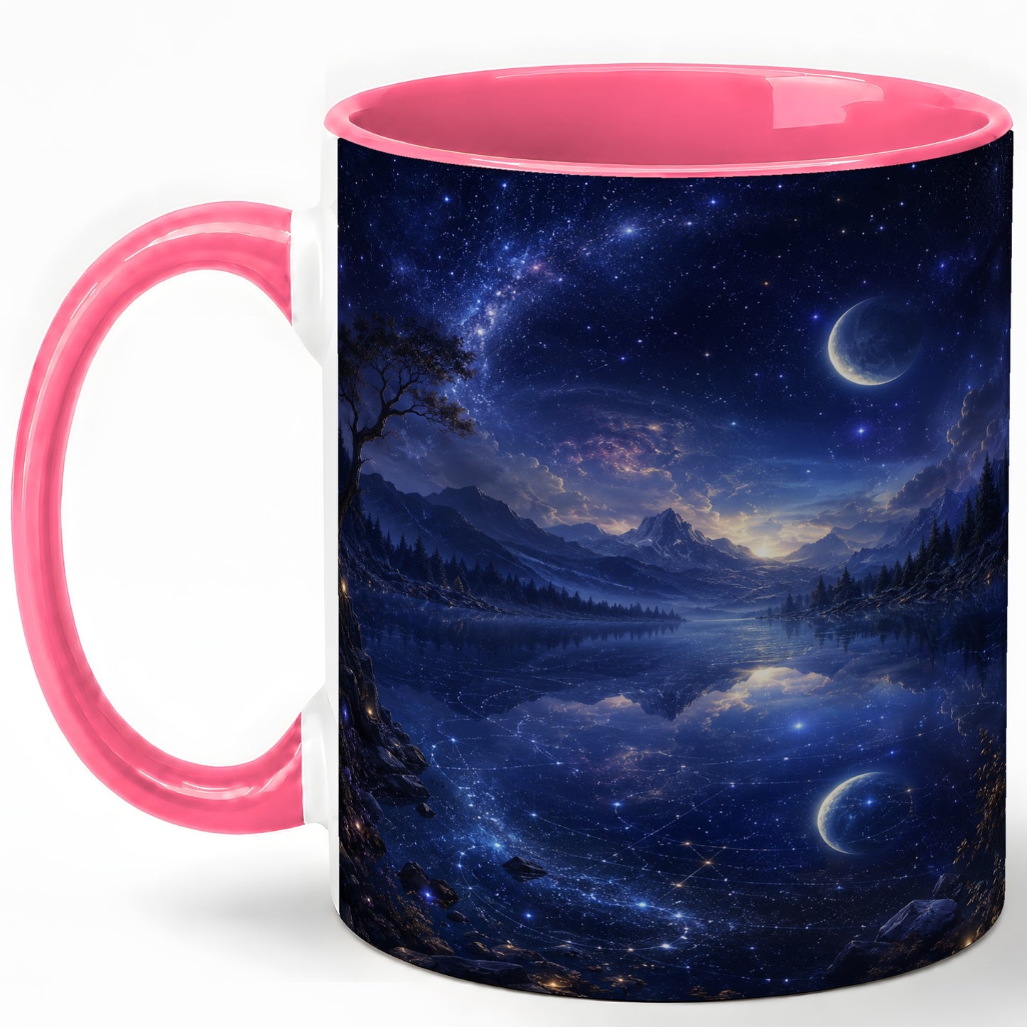 #pl[11oz|Pink] Cosmic Lake Ceramic Mug, Moonlit Starry Night Landscape
