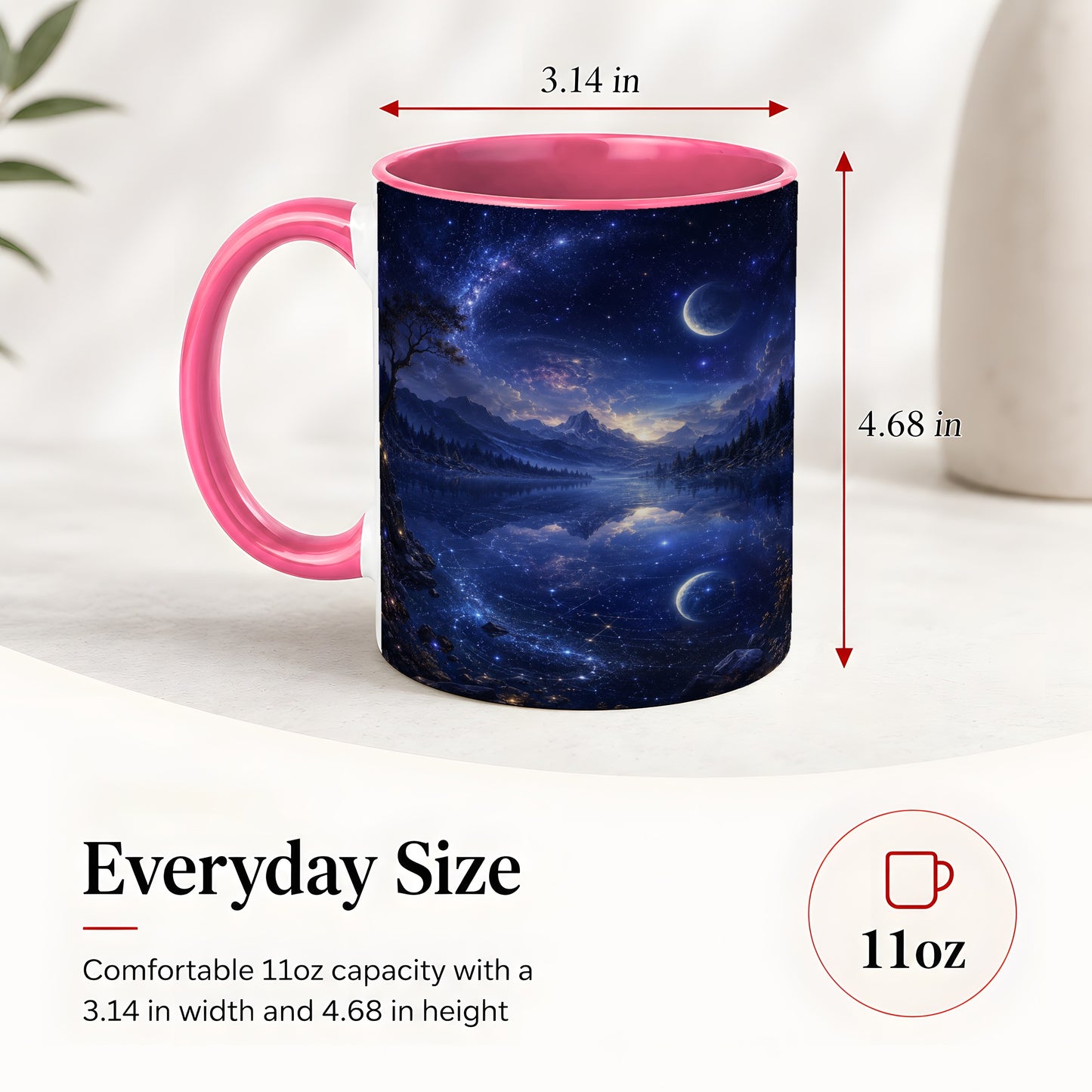 #pl[11oz|Pink] Cosmic Lake Ceramic Mug, Moonlit Starry Night Landscape