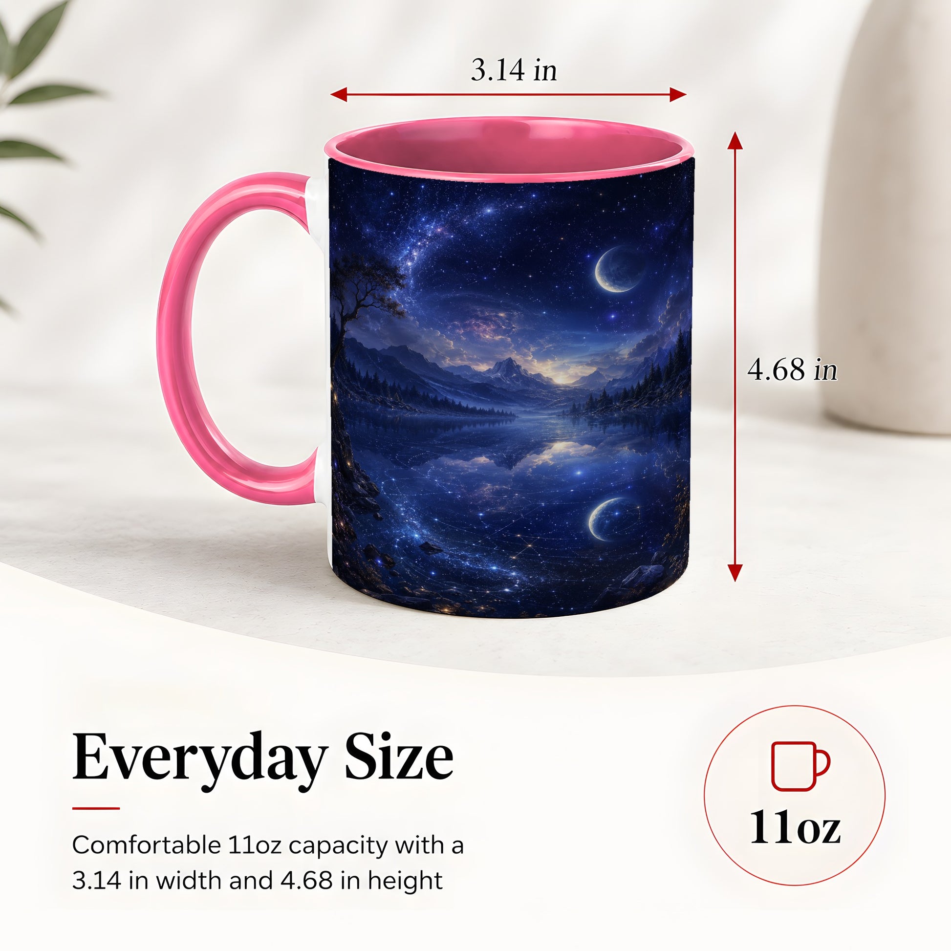 #pl[11oz|Pink] Cosmic Lake Ceramic Mug, Moonlit Starry Night Landscape