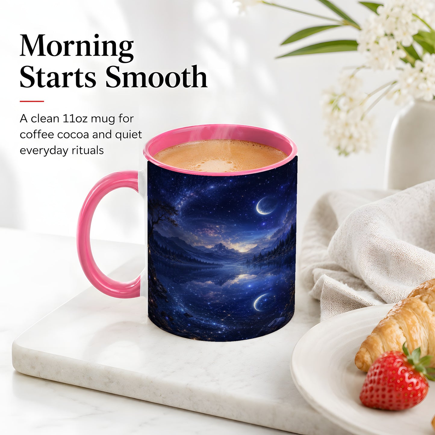 #pl[11oz|Pink] Cosmic Lake Ceramic Mug, Moonlit Starry Night Landscape