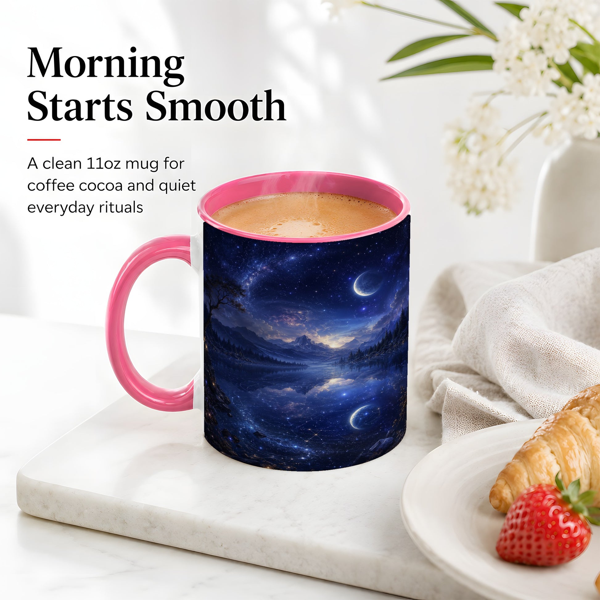 #pl[11oz|Pink] Cosmic Lake Ceramic Mug, Moonlit Starry Night Landscape