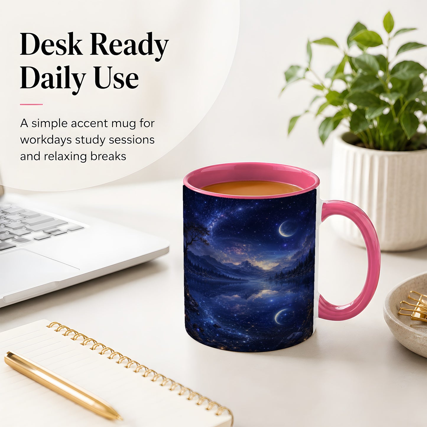 #pl[11oz|Pink] Cosmic Lake Ceramic Mug, Moonlit Starry Night Landscape