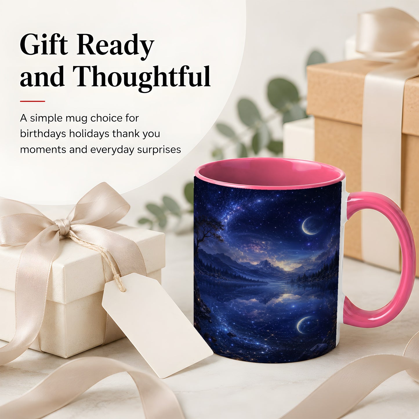 #pl[11oz|Pink] Cosmic Lake Ceramic Mug, Moonlit Starry Night Landscape