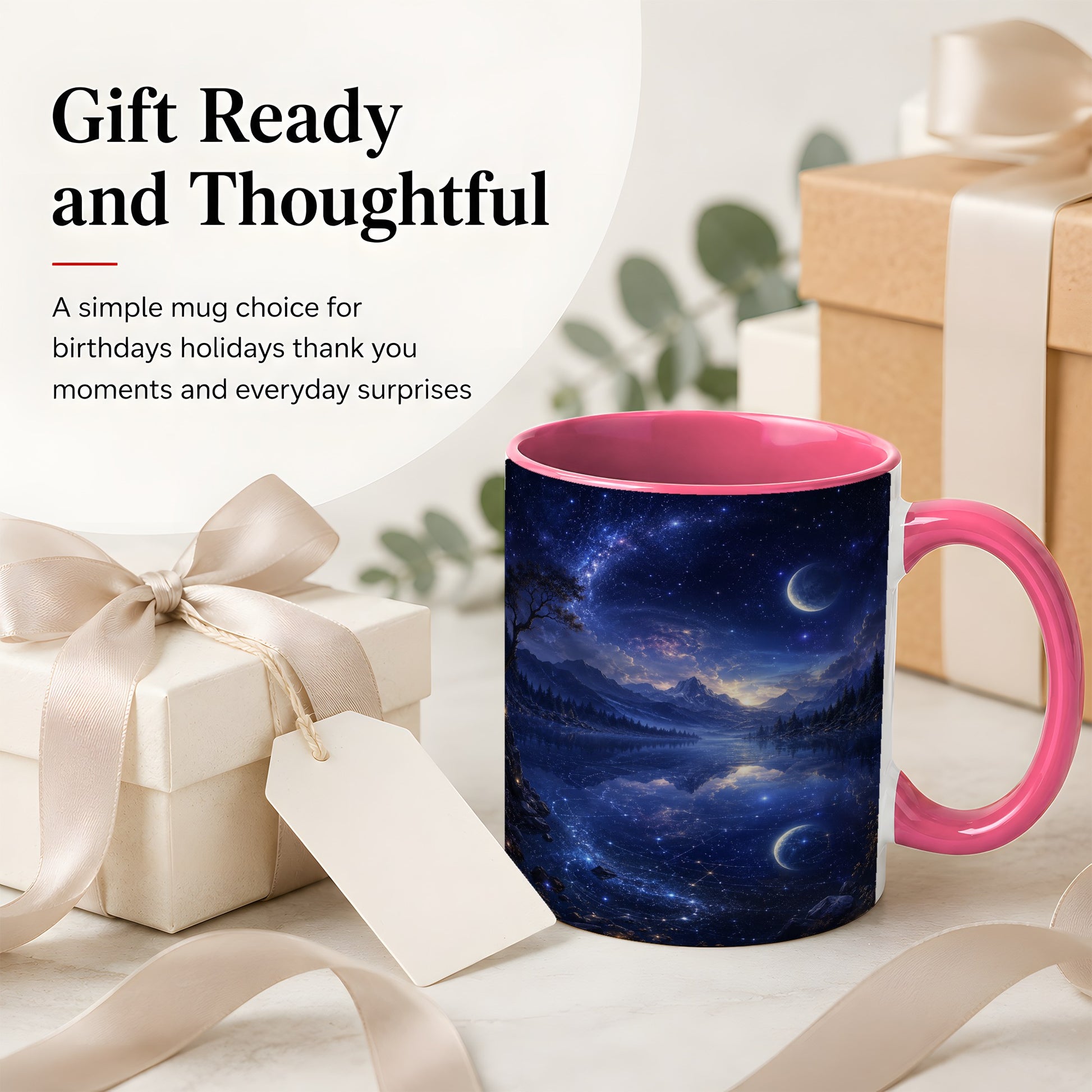 #pl[11oz|Pink] Cosmic Lake Ceramic Mug, Moonlit Starry Night Landscape